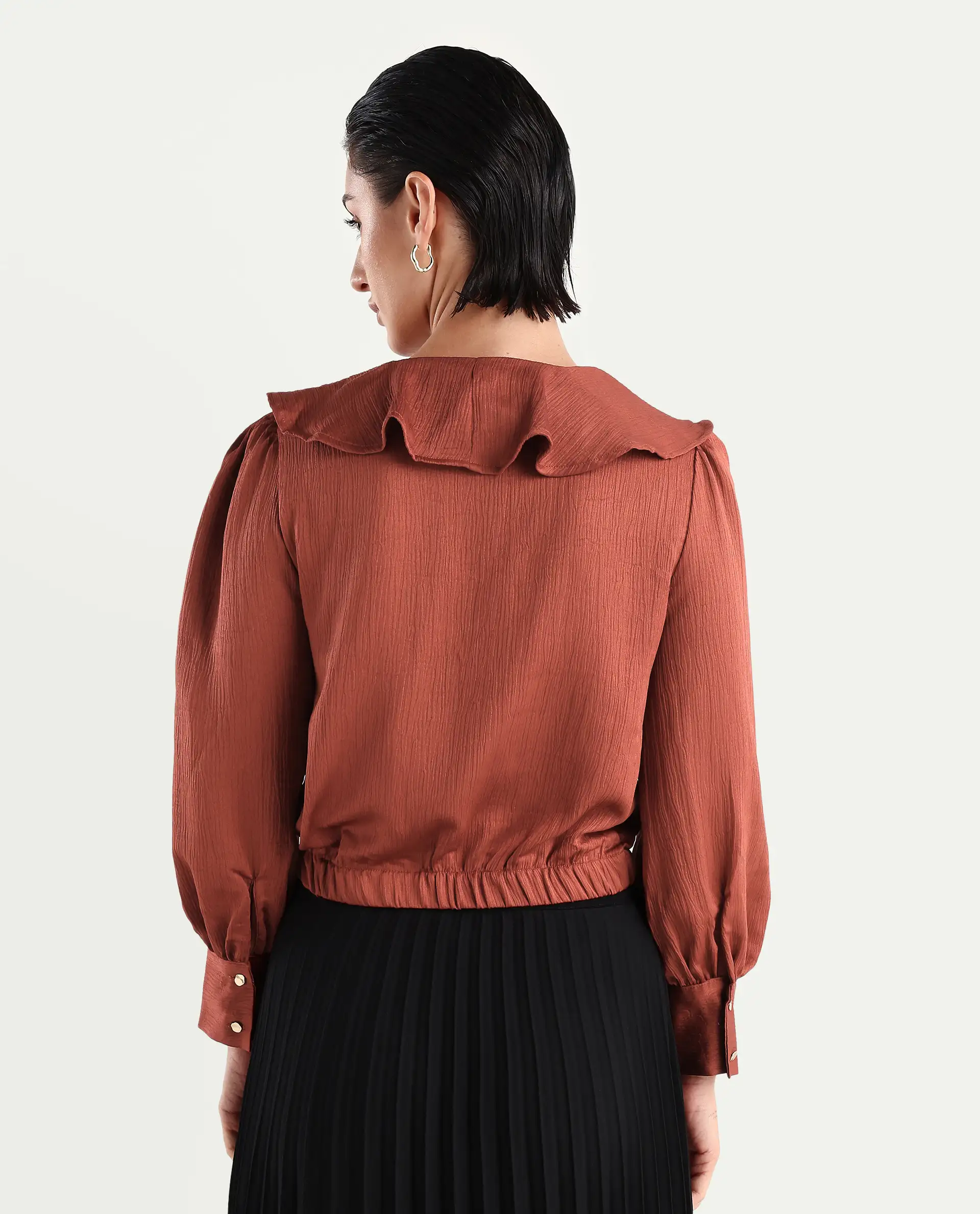 Rareism Women's Karabuk Orange Polyester Tie-Up Neck Plain Cuffed Sleeve Crop Regular Fit Top - Image 8