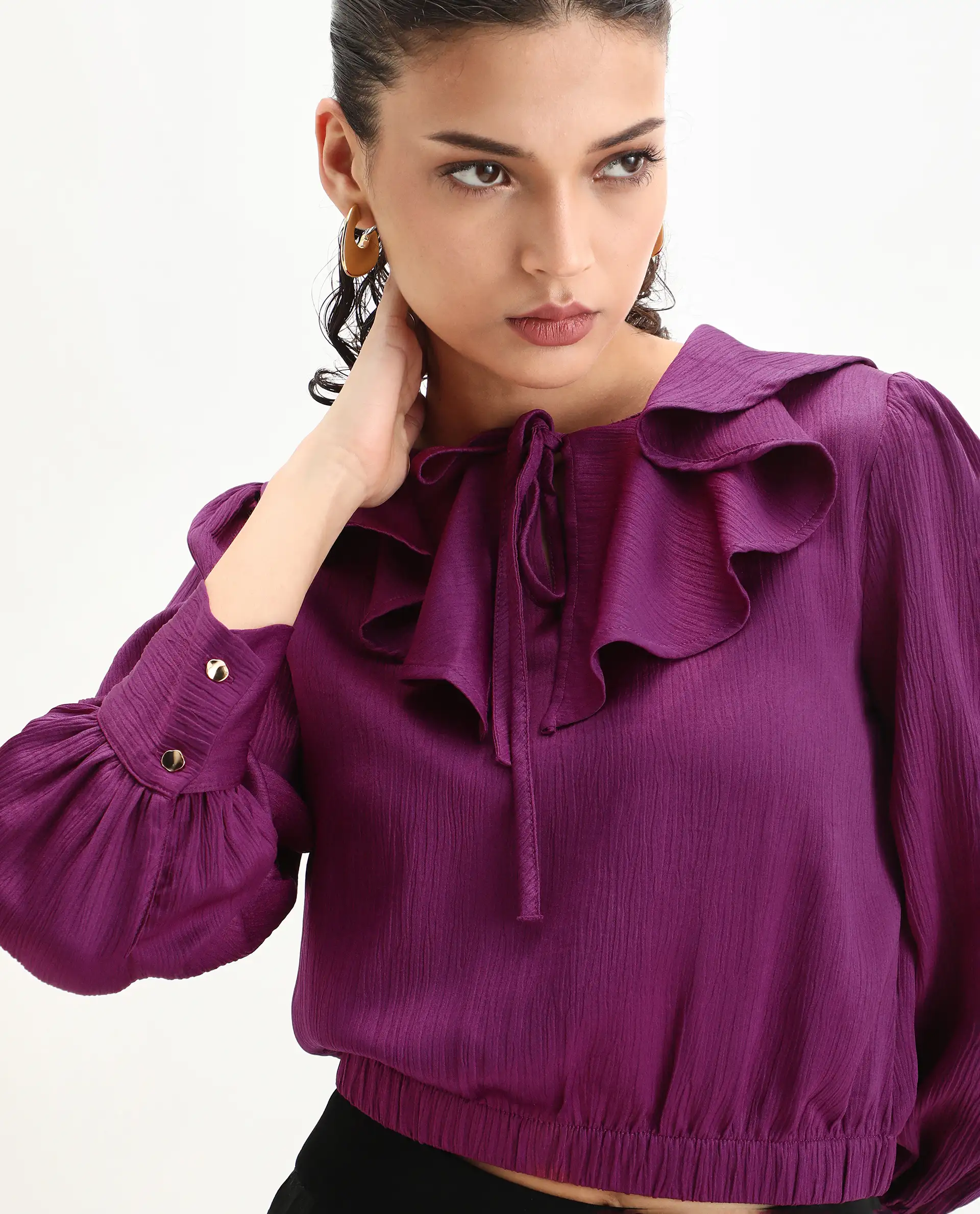 Rareism Women's Karabuk Purple Polyester Tie-Up Neck Plain Cuffed Sleeve Crop Regular Fit Top - Image 2
