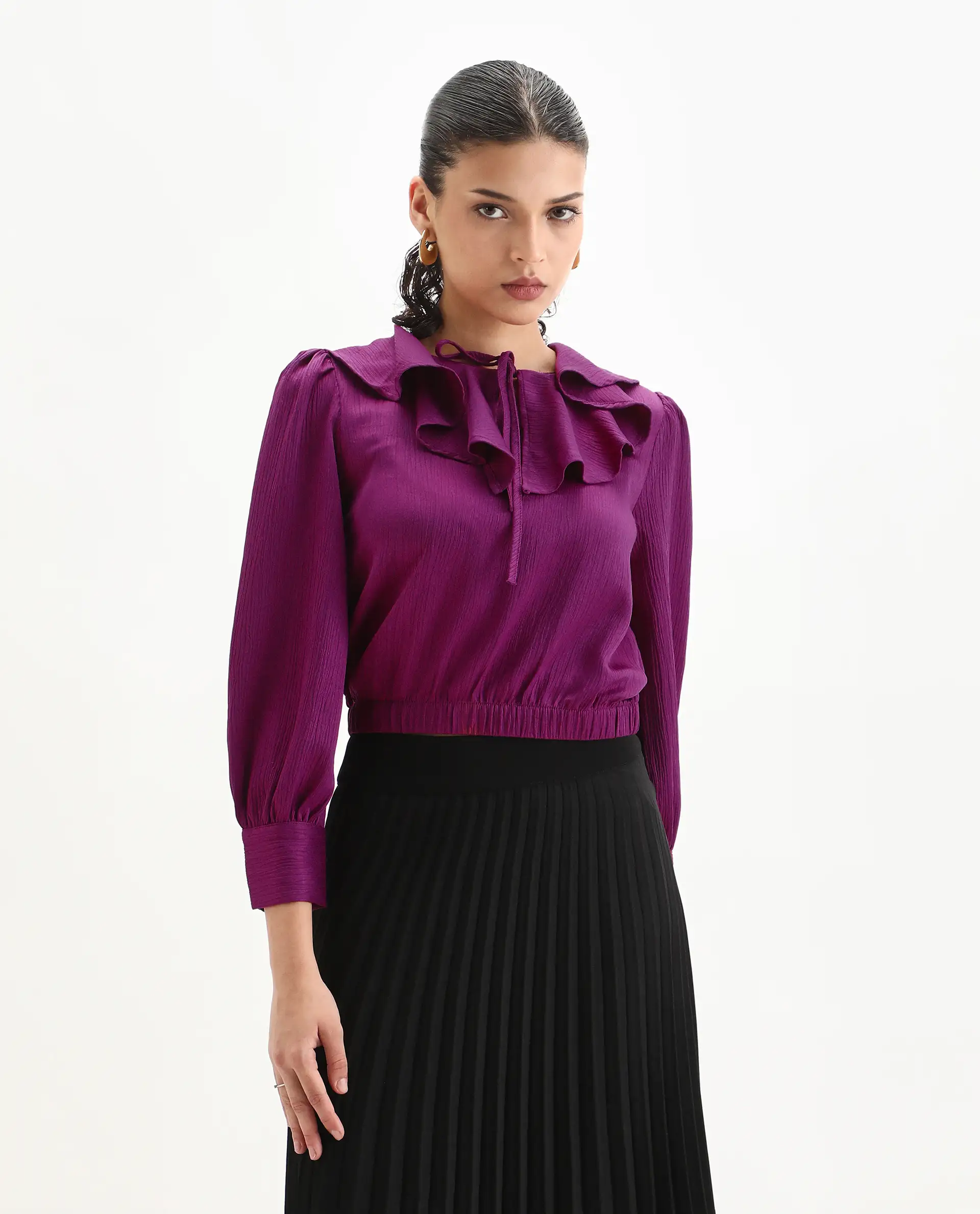 Rareism Women's Karabuk Purple Polyester Tie-Up Neck Plain Cuffed Sleeve Crop Regular Fit Top - Image 4