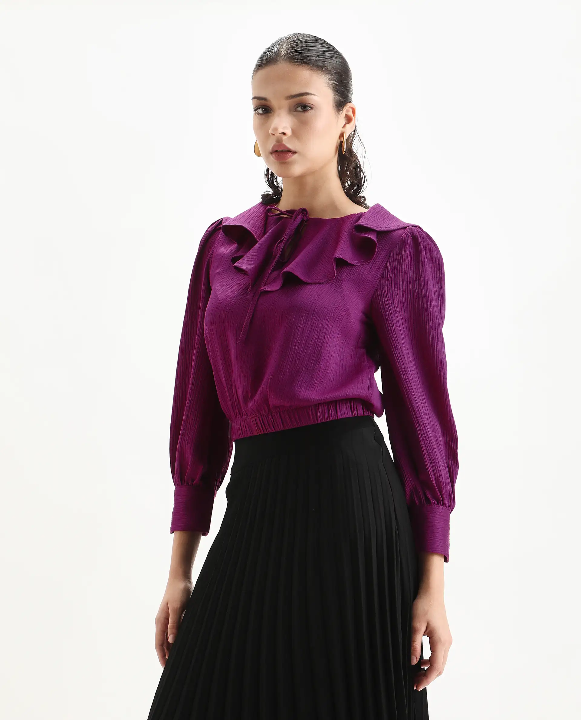 Rareism Women's Karabuk Purple Polyester Tie-Up Neck Plain Cuffed Sleeve Crop Regular Fit Top - Image 5