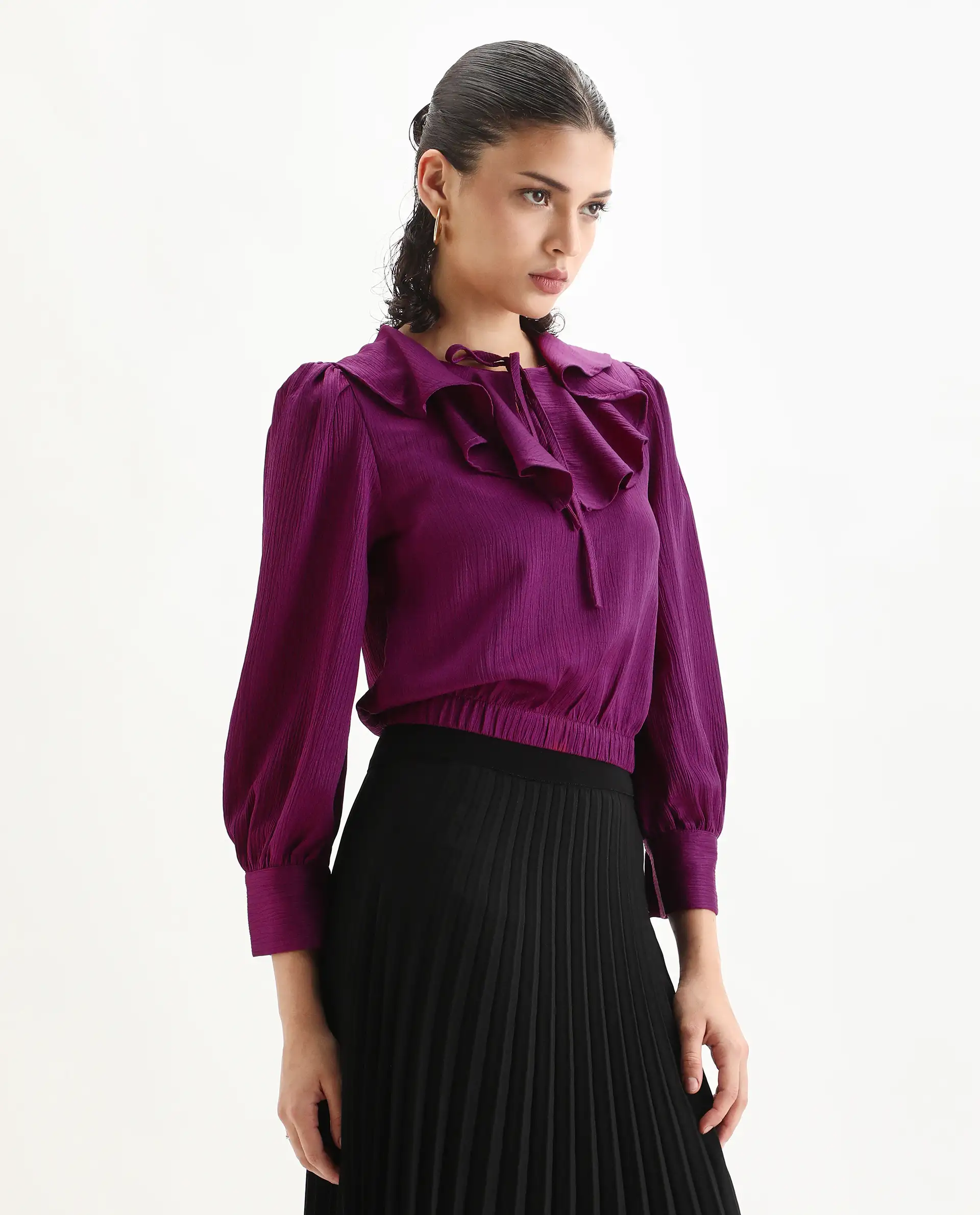 Rareism Women's Karabuk Purple Polyester Tie-Up Neck Plain Cuffed Sleeve Crop Regular Fit Top - Image 6