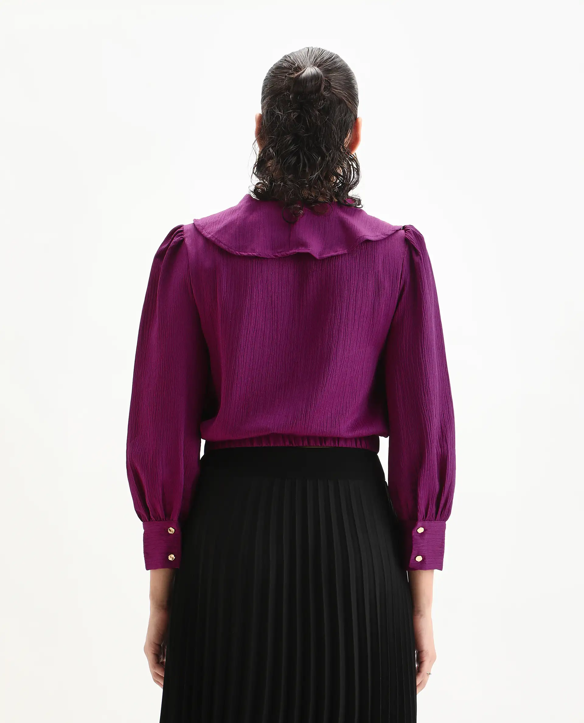 Rareism Women's Karabuk Purple Polyester Tie-Up Neck Plain Cuffed Sleeve Crop Regular Fit Top - Image 7