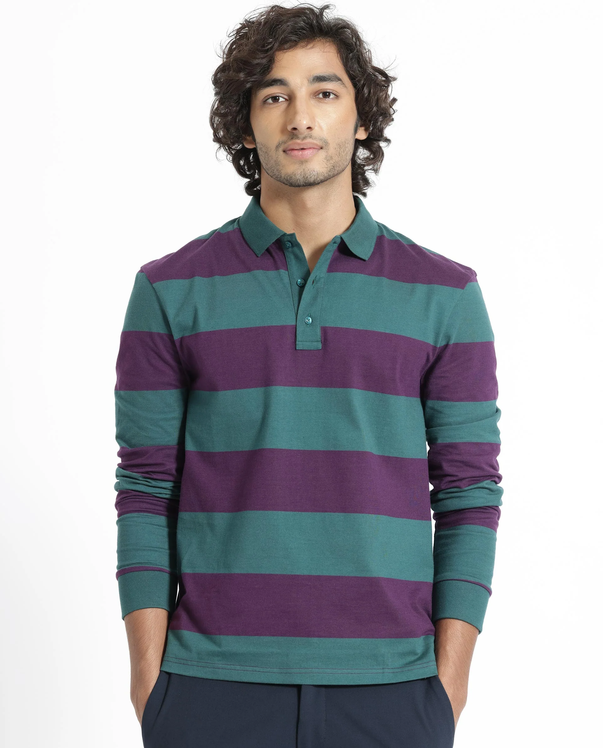 Rare Rabbit Men's Karen Dark Purple Cotton Striped Print Regular Fit Full Sleeve Polo - Image 3