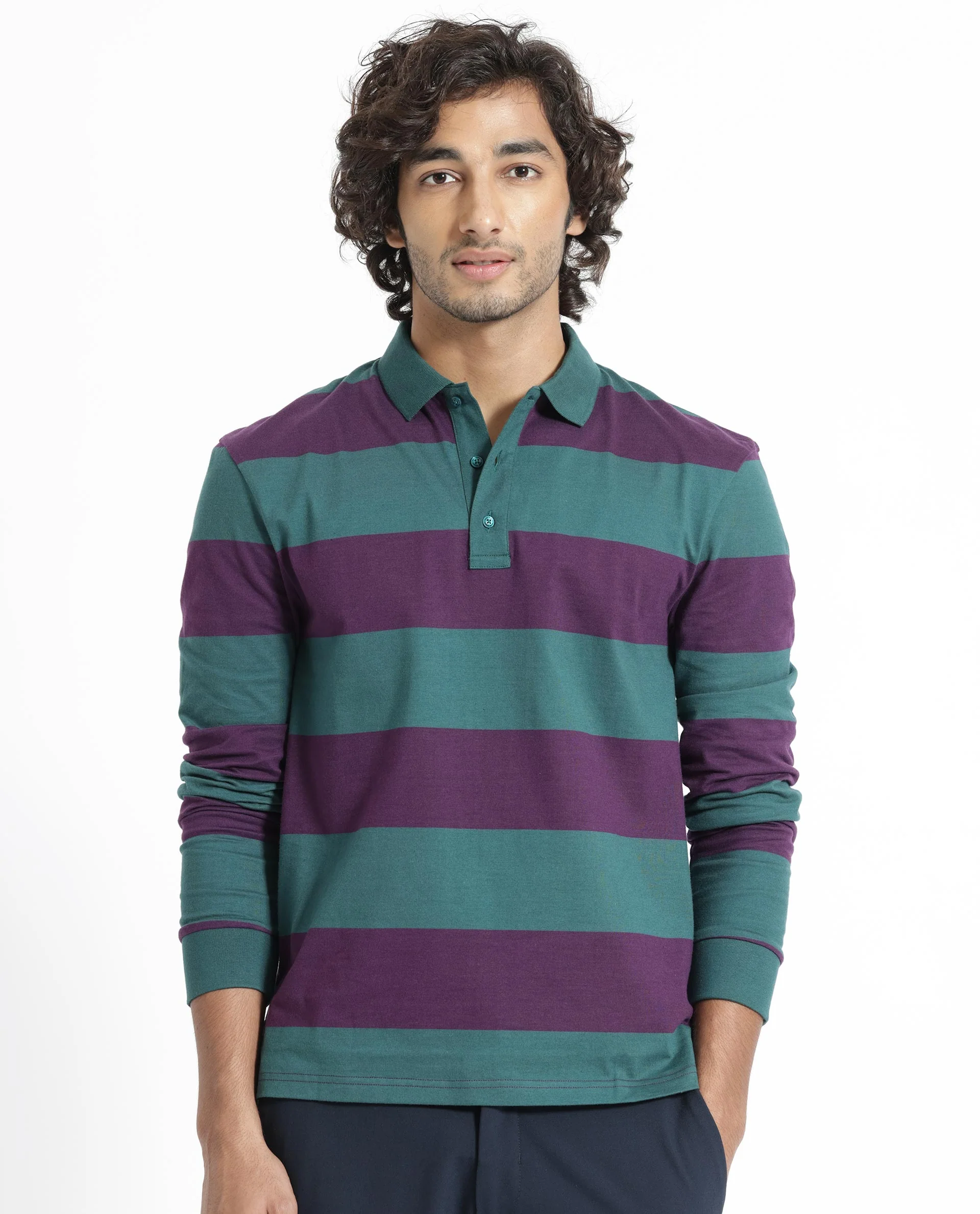 Rare Rabbit Men's Karen Dark Purple Cotton Striped Print Regular Fit Full Sleeve Polo - Image 5