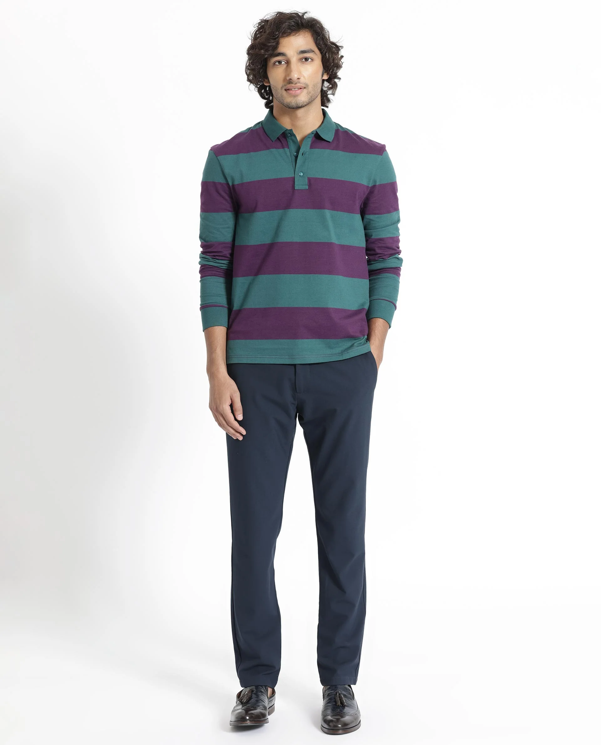 Rare Rabbit Men's Karen Dark Purple Cotton Striped Print Regular Fit Full Sleeve Polo - Image 6