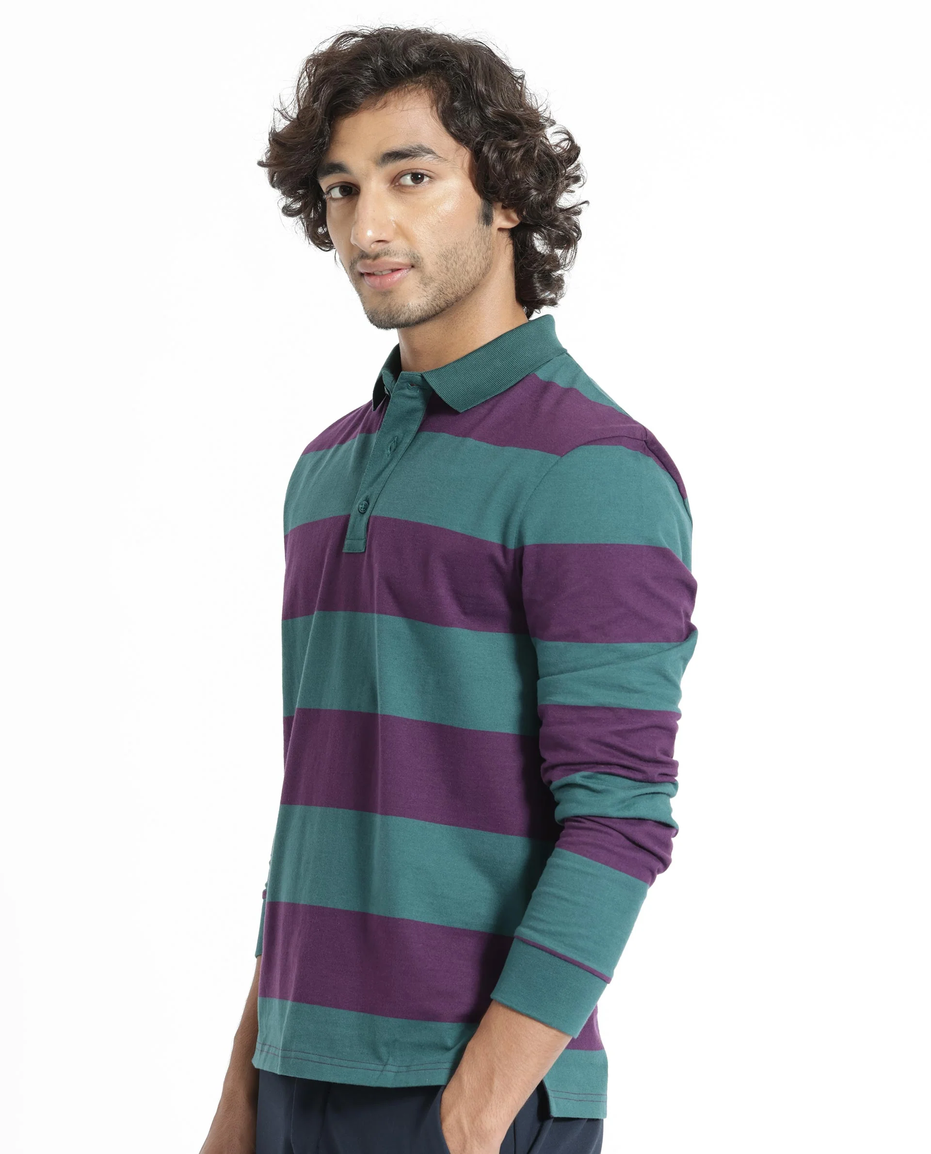 Rare Rabbit Men's Karen Dark Purple Cotton Striped Print Regular Fit Full Sleeve Polo - Image 7