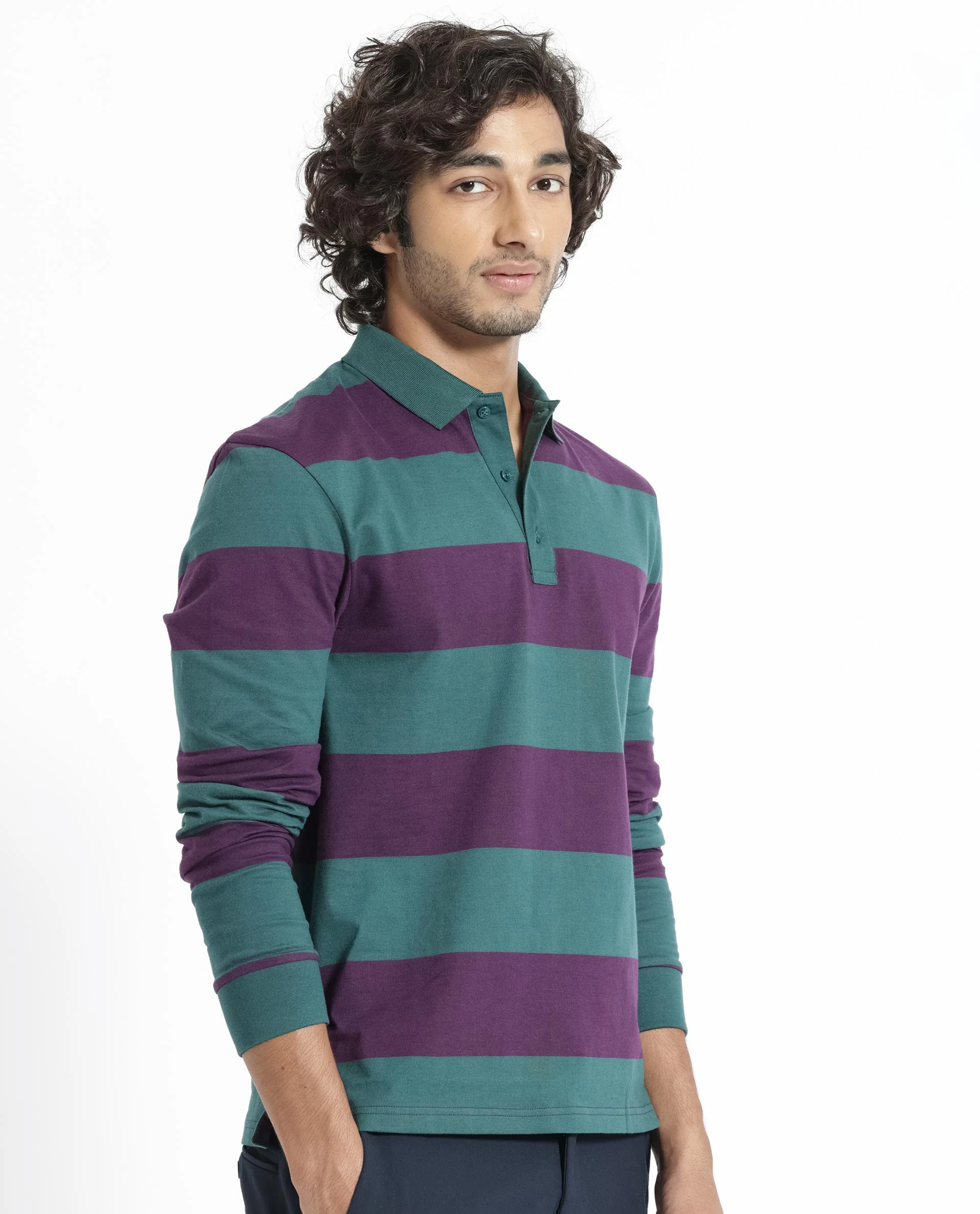 Rare Rabbit Men's Karen Dark Purple Cotton Striped Print Regular Fit Full Sleeve Polo - Image 8