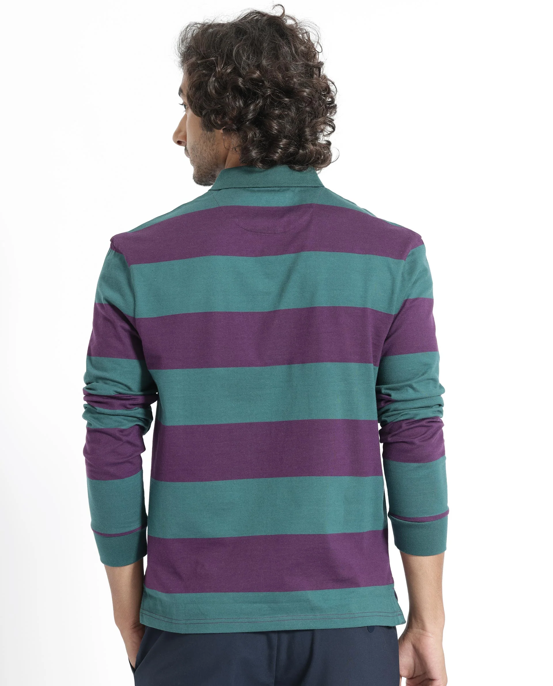 Rare Rabbit Men's Karen Dark Purple Cotton Striped Print Regular Fit Full Sleeve Polo - Image 9