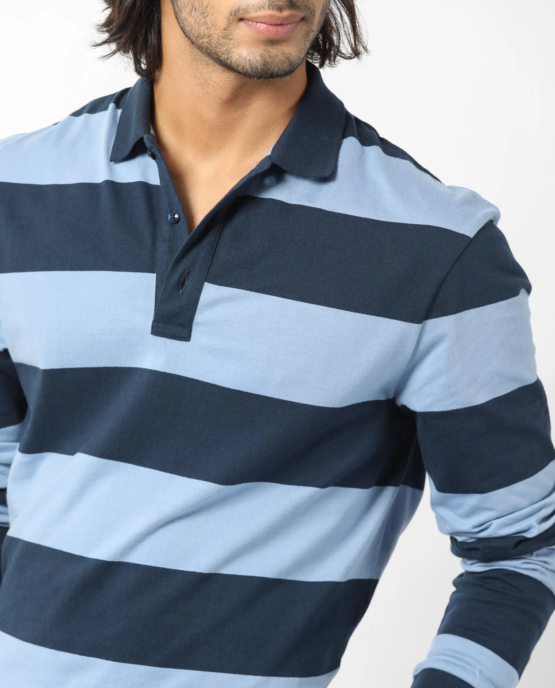 Rare Rabbit Men's Karen Dusky Blue Cotton Striped Print Regular Fit Full Sleeve Polo - Image 2