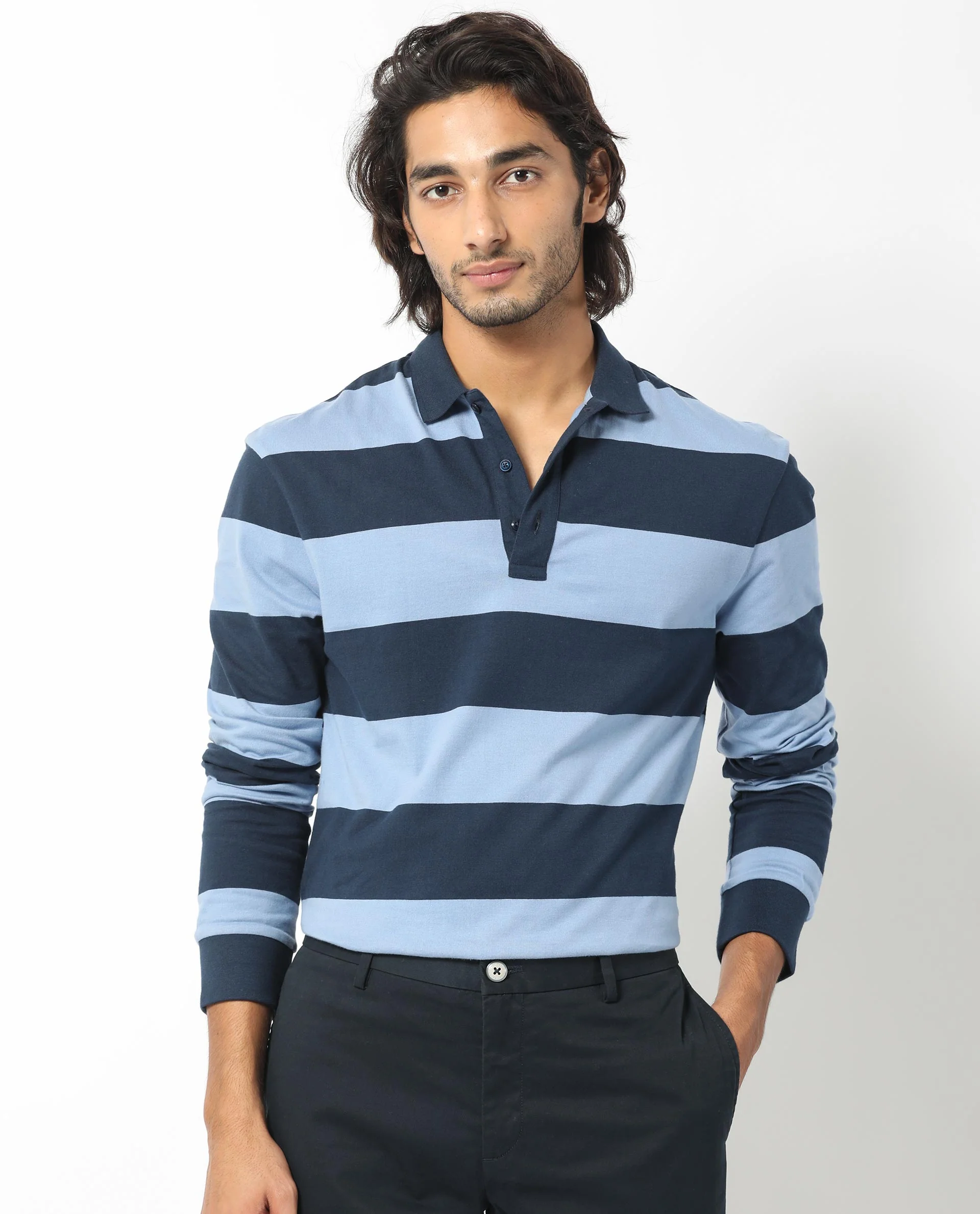 Rare Rabbit Men's Karen Dusky Blue Cotton Striped Print Regular Fit Full Sleeve Polo - Image 4