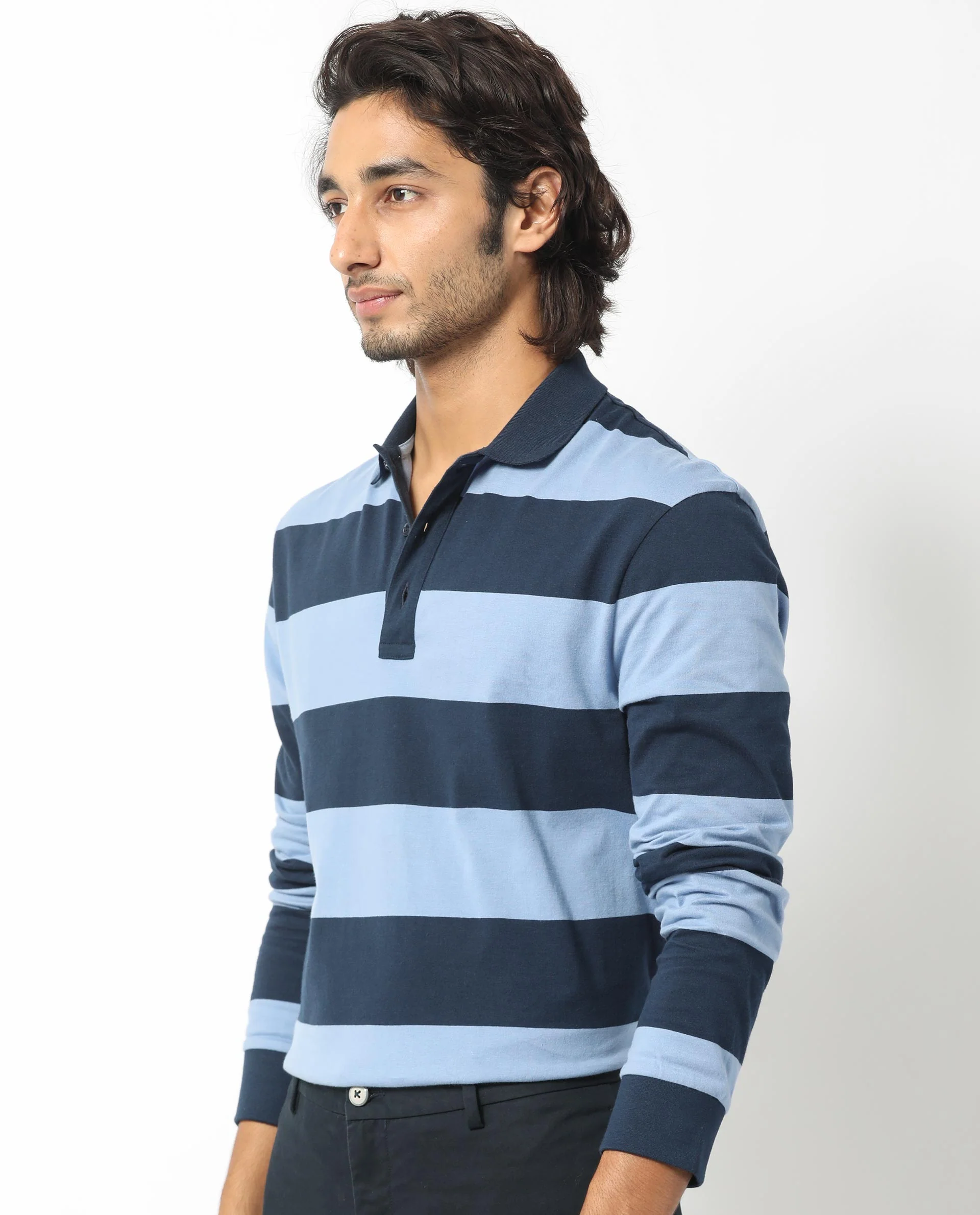 Rare Rabbit Men's Karen Dusky Blue Cotton Striped Print Regular Fit Full Sleeve Polo - Image 6