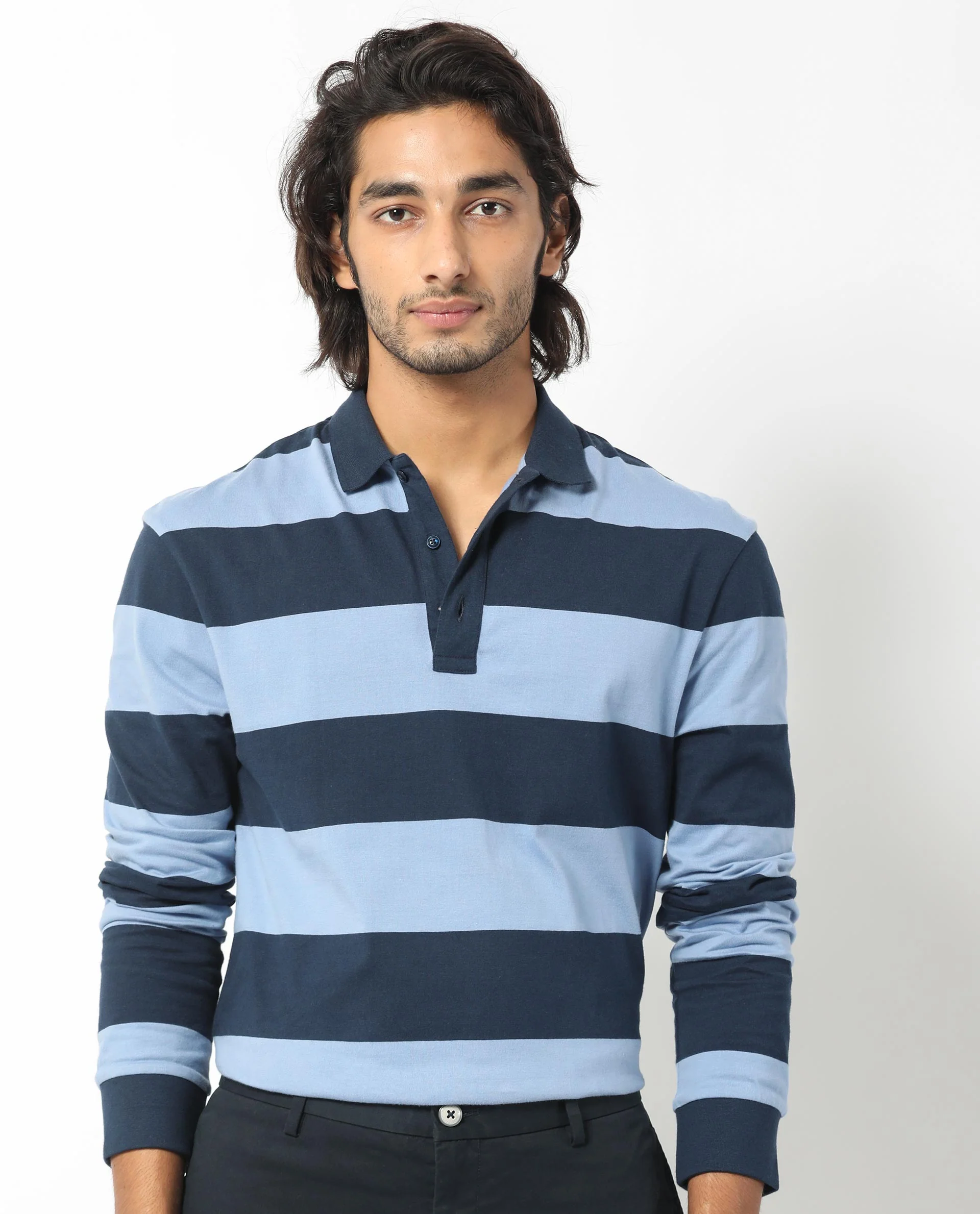Rare Rabbit Men's Karen Dusky Blue Cotton Striped Print Regular Fit Full Sleeve Polo - Image 7