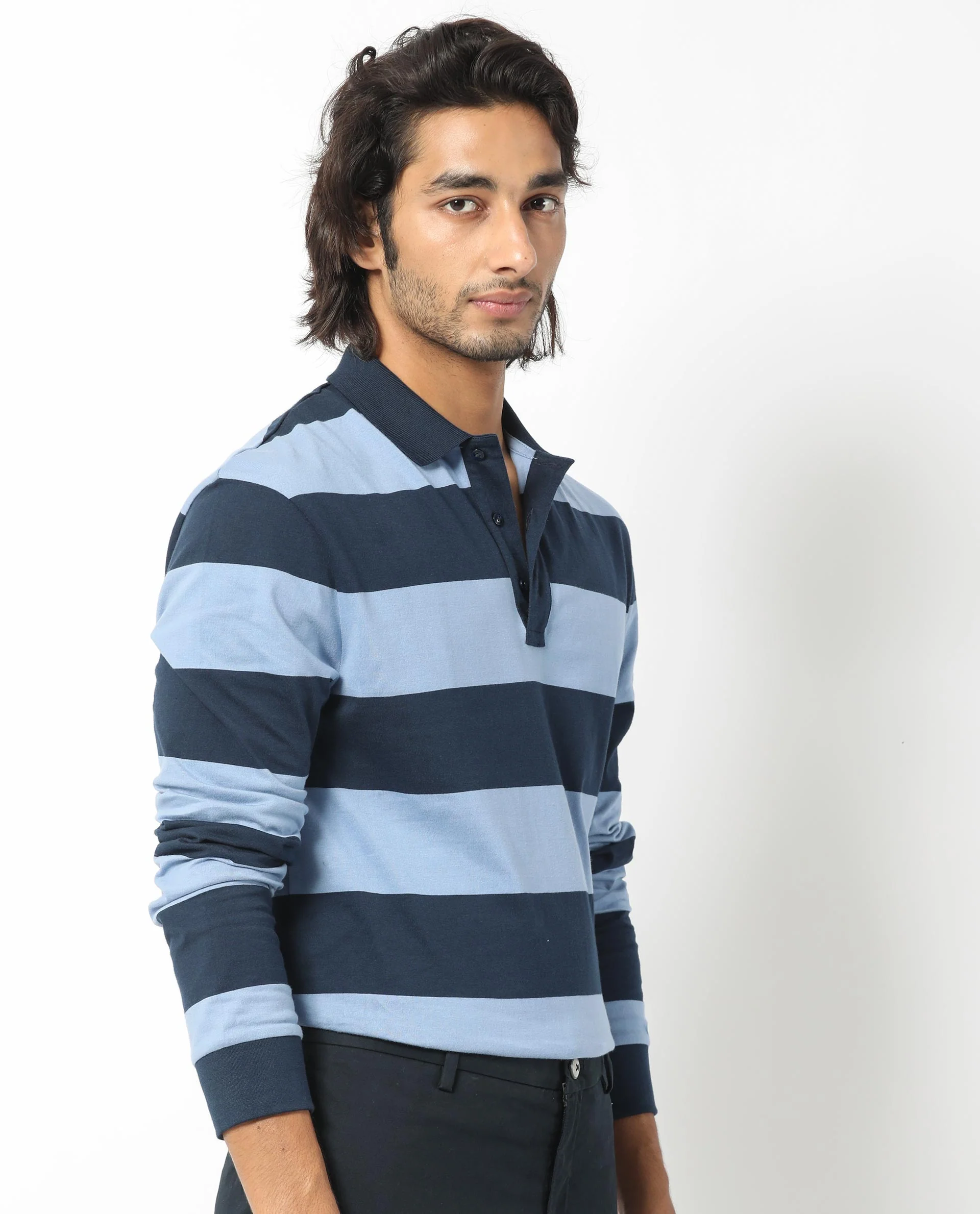 Rare Rabbit Men's Karen Dusky Blue Cotton Striped Print Regular Fit Full Sleeve Polo - Image 8