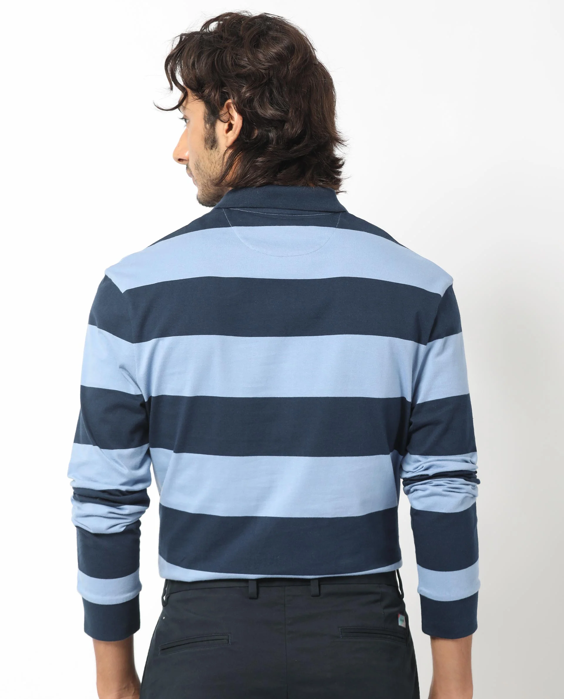 Rare Rabbit Men's Karen Dusky Blue Cotton Striped Print Regular Fit Full Sleeve Polo - Image 9