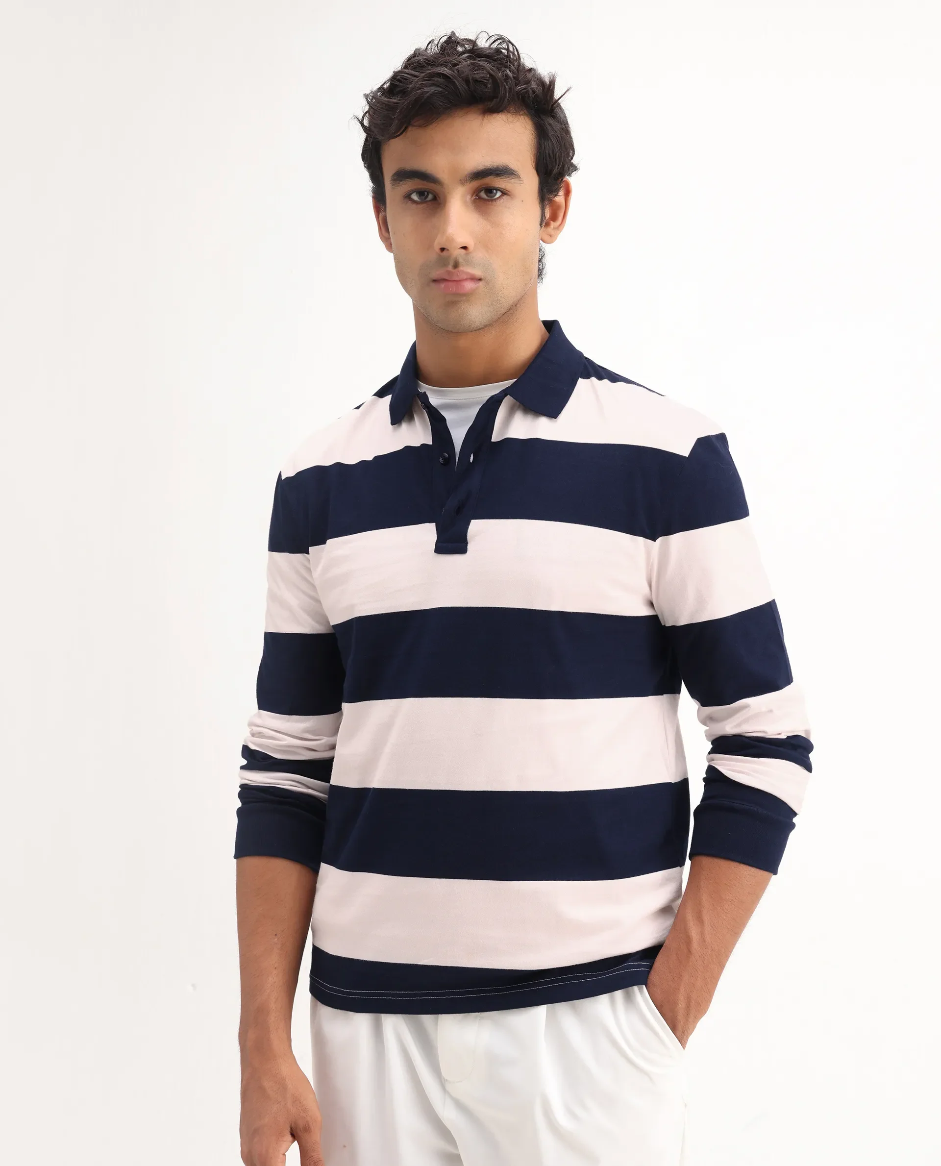 Rare Rabbit Men's Karen Light Pink Cotton Striped Print Regular Fit Full Sleeve Polo