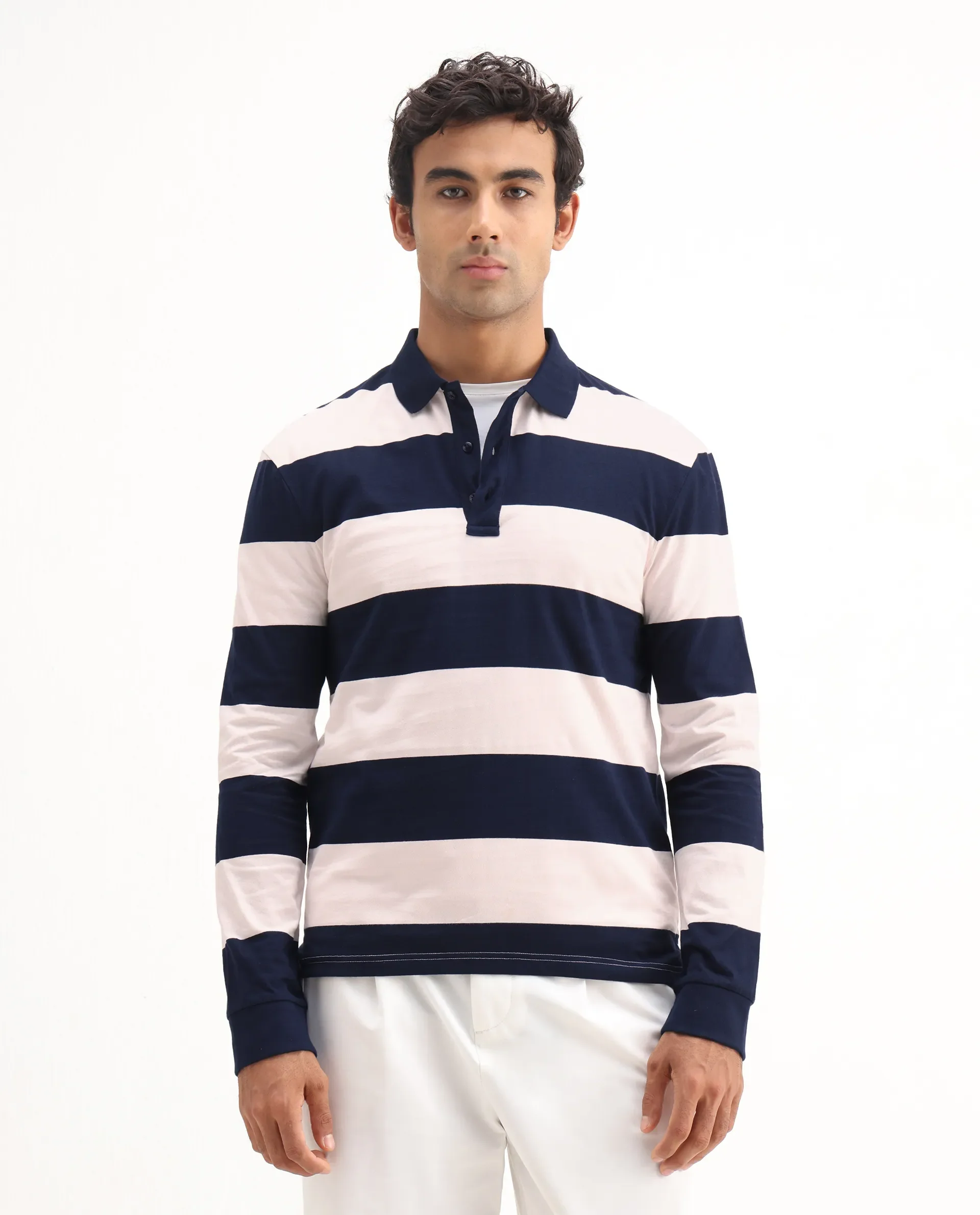 Rare Rabbit Men's Karen Light Pink Cotton Striped Print Regular Fit Full Sleeve Polo - Image 4