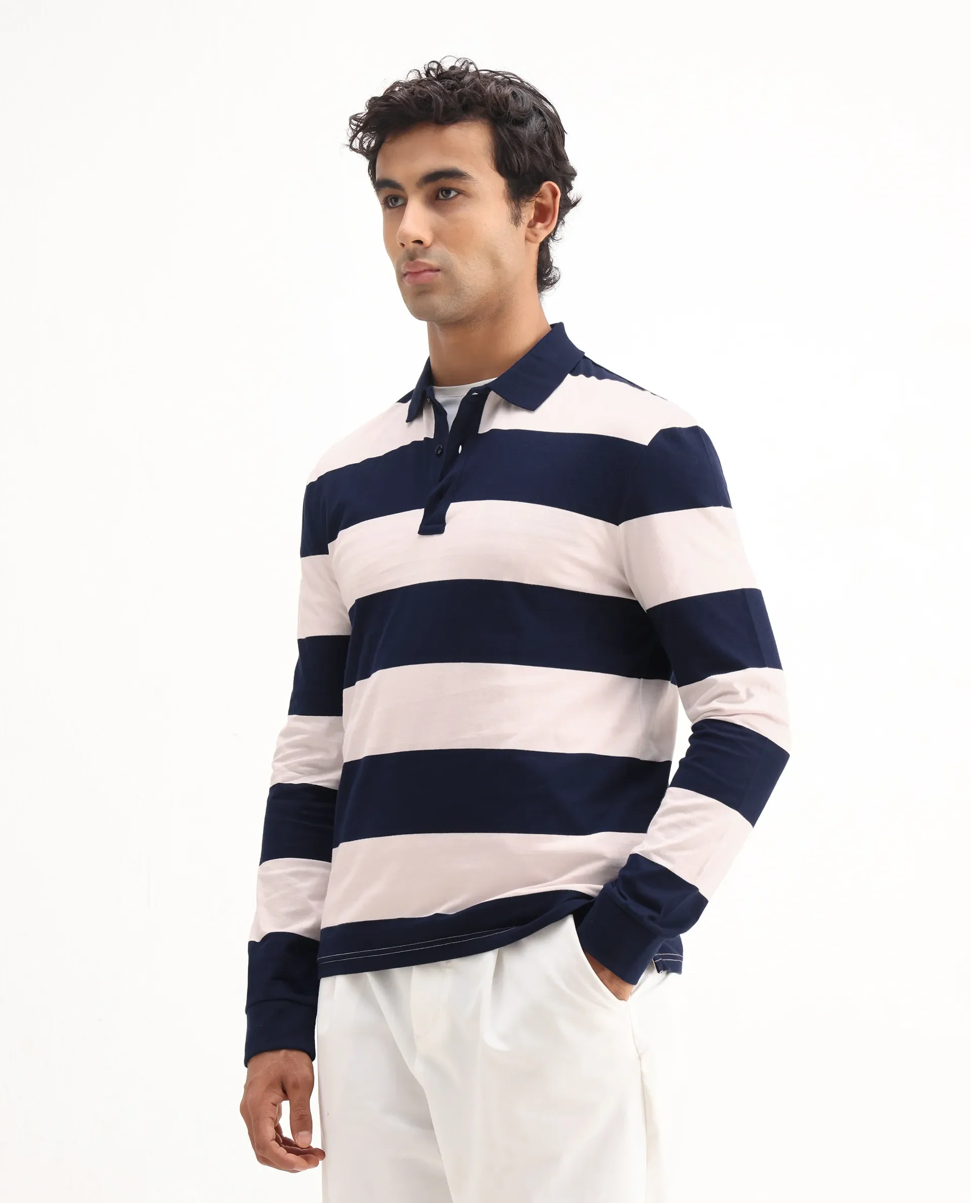 Rare Rabbit Men's Karen Light Pink Cotton Striped Print Regular Fit Full Sleeve Polo - Image 5