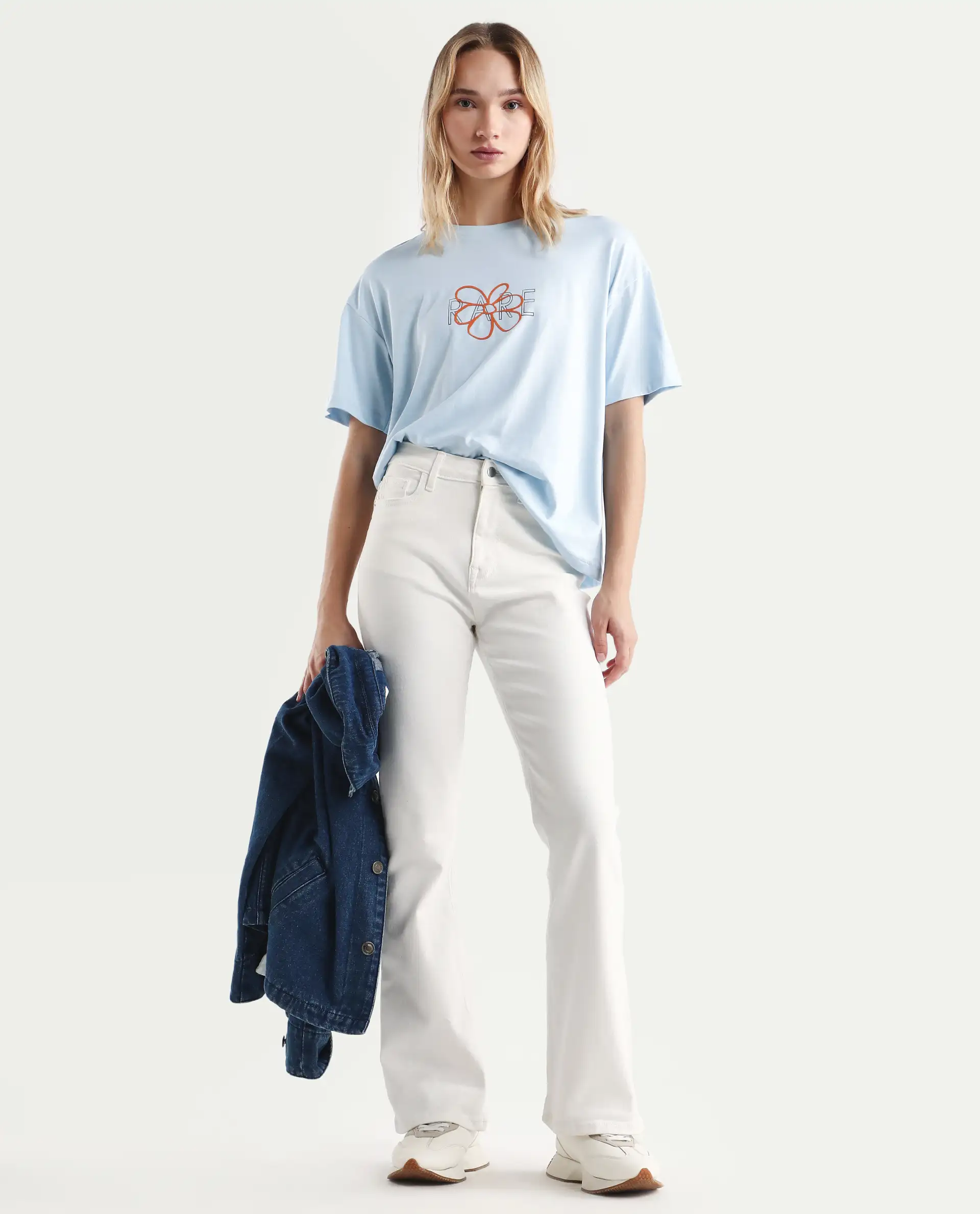 Rareism Women's Karen Light Blue Cotton Blend Crew Neck Graphic Print Boxy Fit T-Shirt - Image 2