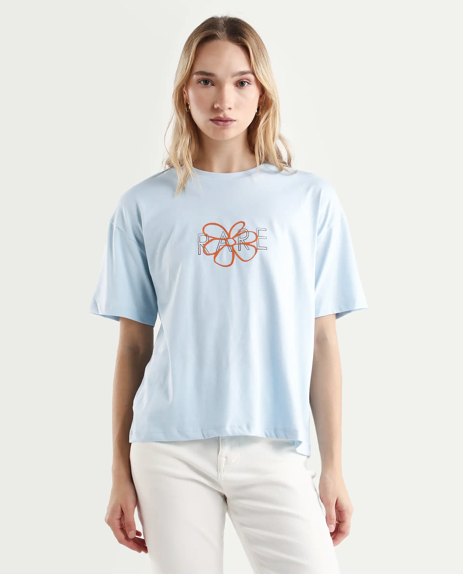 Rareism Women's Karen Light Blue Cotton Blend Crew Neck Graphic Print Boxy Fit T-Shirt - Image 3
