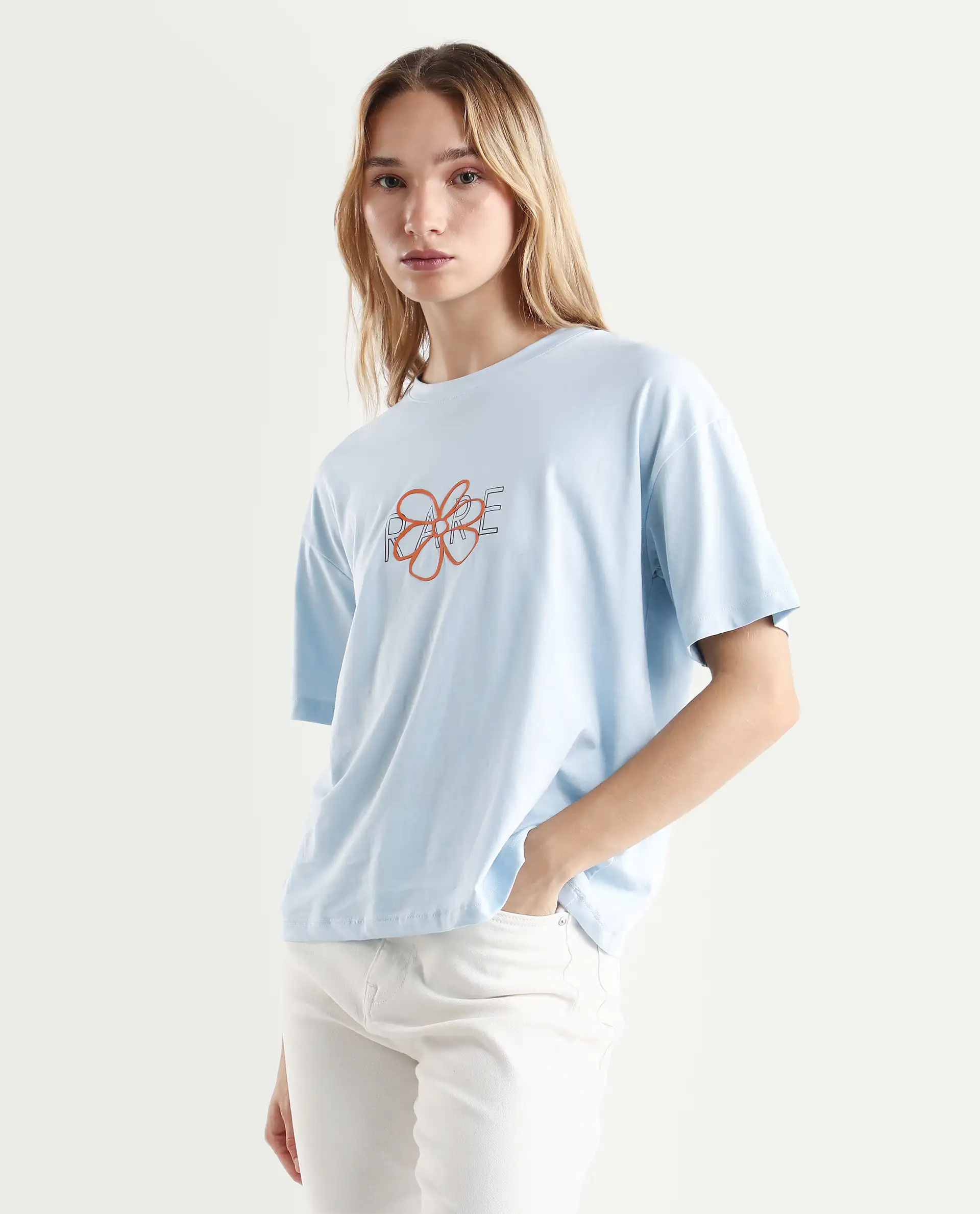 Rareism Women's Karen Light Blue Cotton Blend Crew Neck Graphic Print Boxy Fit T-Shirt - Image 5