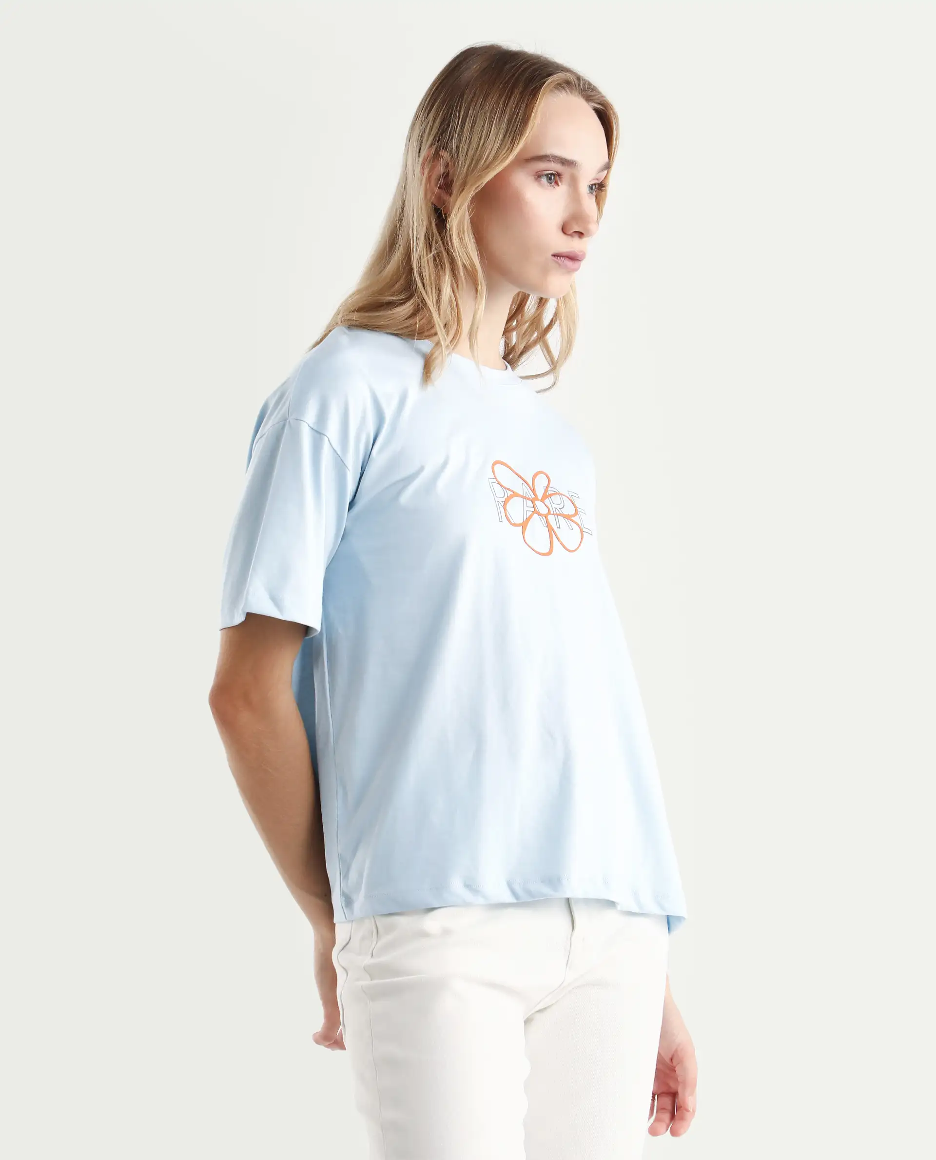 Rareism Women's Karen Light Blue Cotton Blend Crew Neck Graphic Print Boxy Fit T-Shirt - Image 6