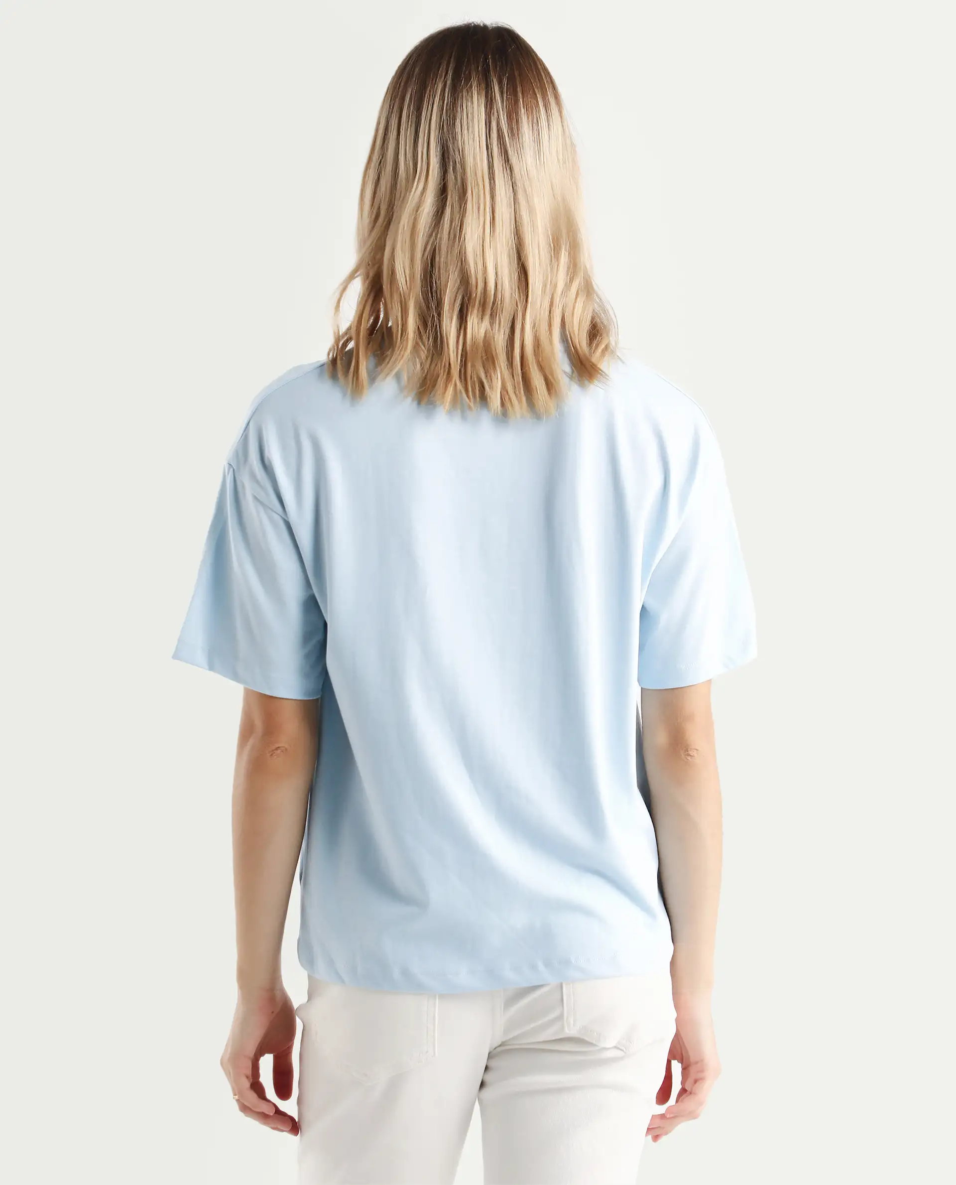 Rareism Women's Karen Light Blue Cotton Blend Crew Neck Graphic Print Boxy Fit T-Shirt - Image 7