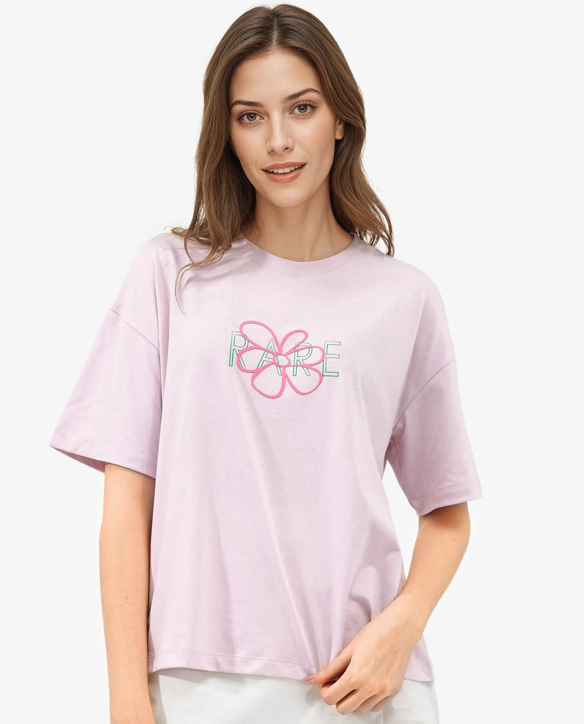 Rareism Women's Cotton Blend Crew Neck Graphic Print Boxy Fit T-Shirt