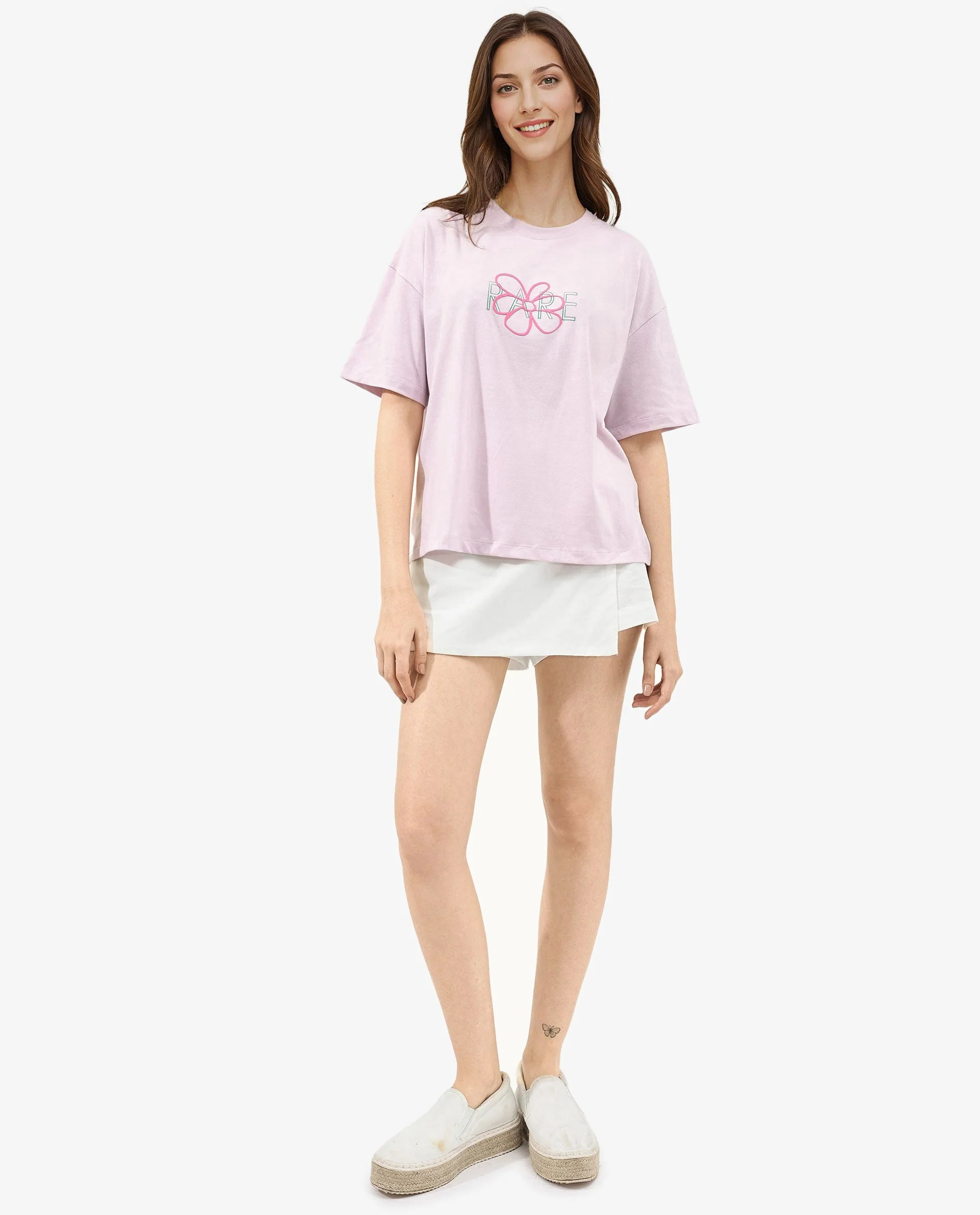 Rareism Women's Cotton Blend Crew Neck Graphic Print Boxy Fit T-Shirt - Image 2