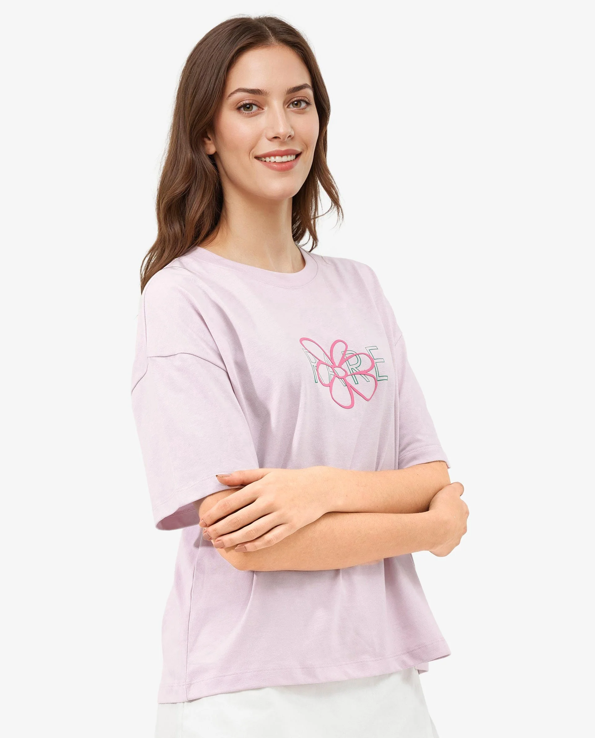 Rareism Women's Cotton Blend Crew Neck Graphic Print Boxy Fit T-Shirt - Image 5