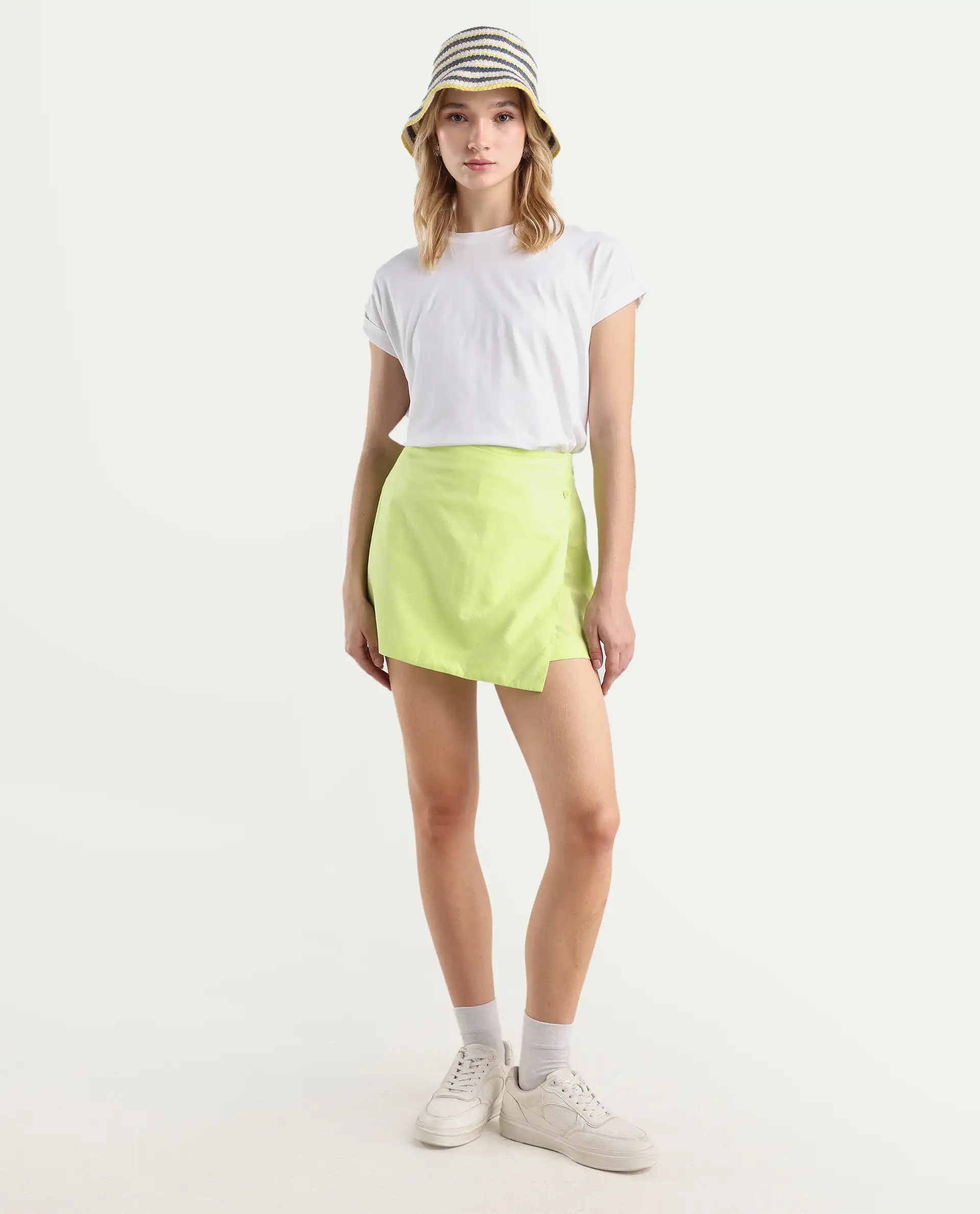 Rareism Women's Karine Flouroscent Green Cotton Plain Mini Regular Fit Skirt - Image 2