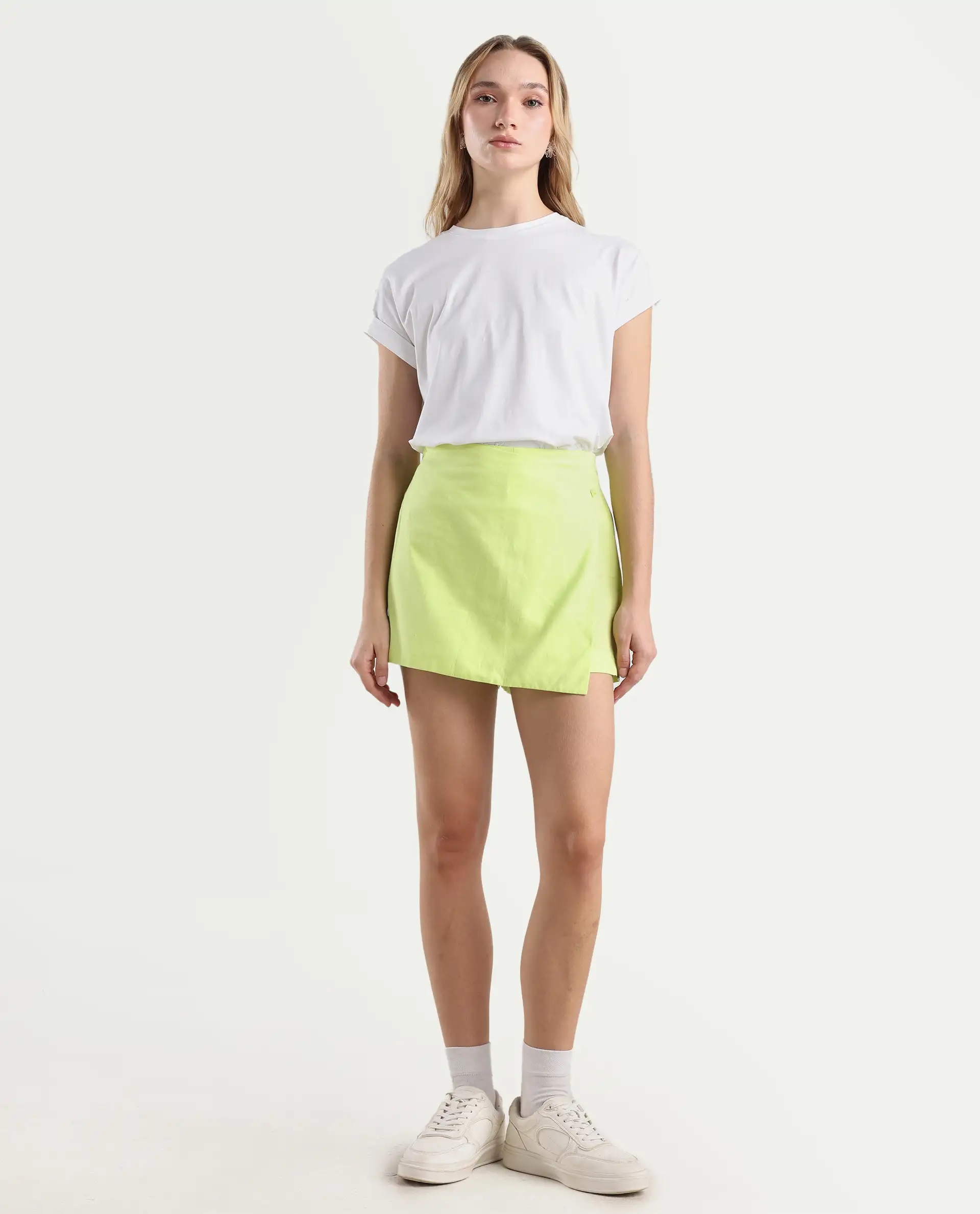 Rareism Women's Karine Flouroscent Green Cotton Plain Mini Regular Fit Skirt - Image 3