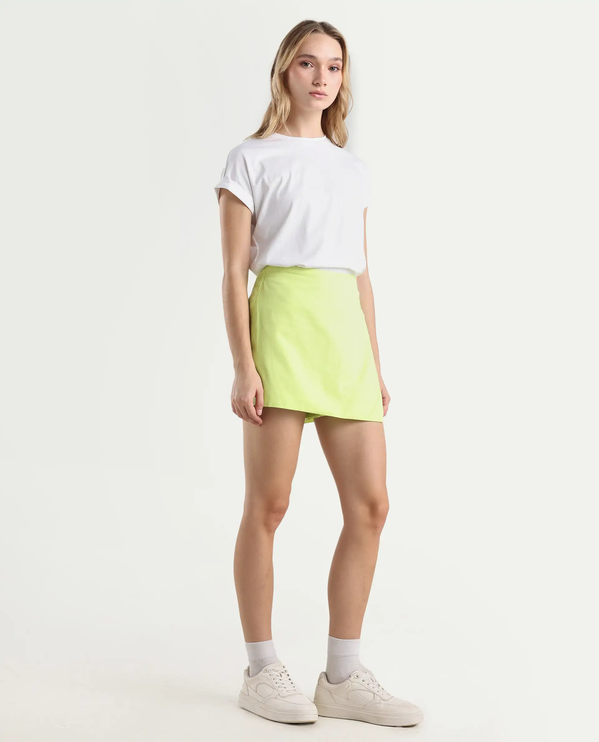 Rareism Women's Karine Flouroscent Green Cotton Plain Mini Regular Fit Skirt - Image 5