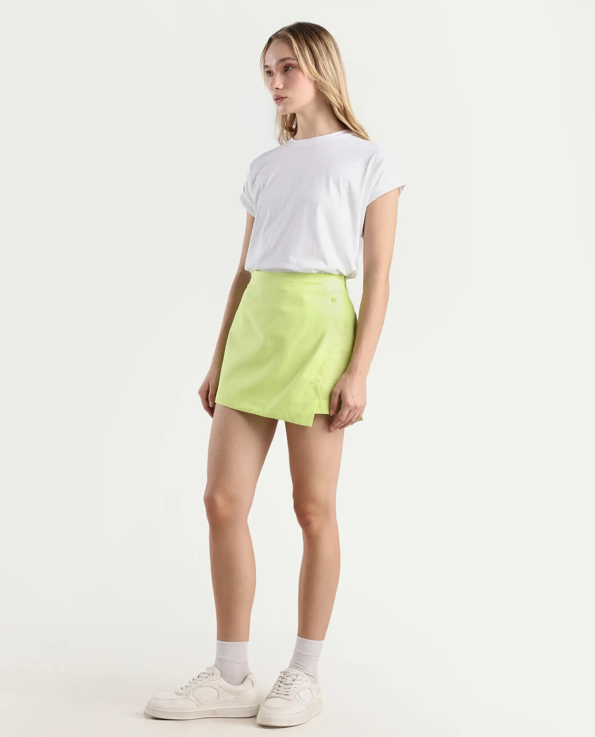 Rareism Women's Karine Flouroscent Green Cotton Plain Mini Regular Fit Skirt - Image 6