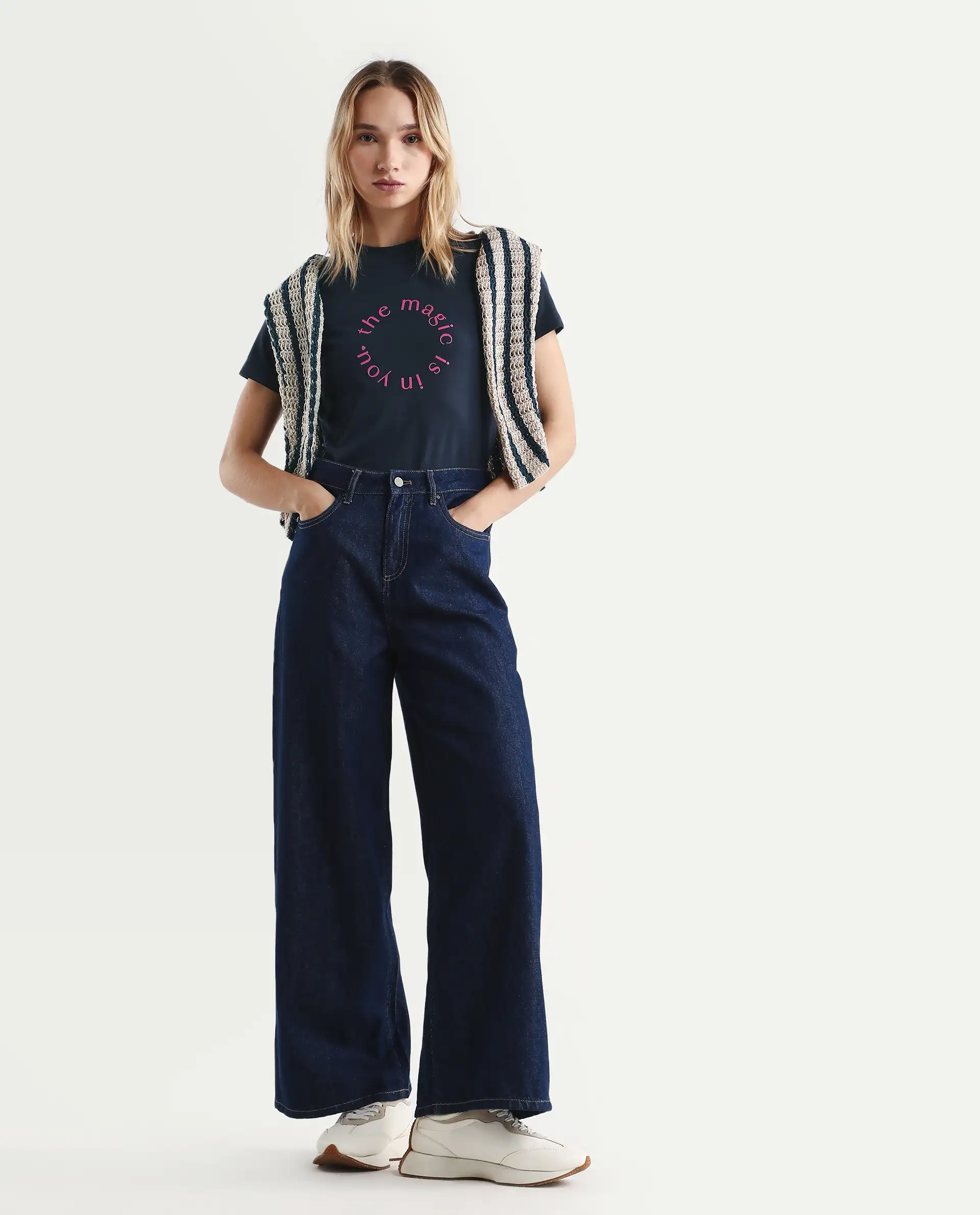 Rareism Women's Karlie Dark Navy Cotton Blend Crew Neck Graphic Print Regular Fit T-Shirt - Image 2
