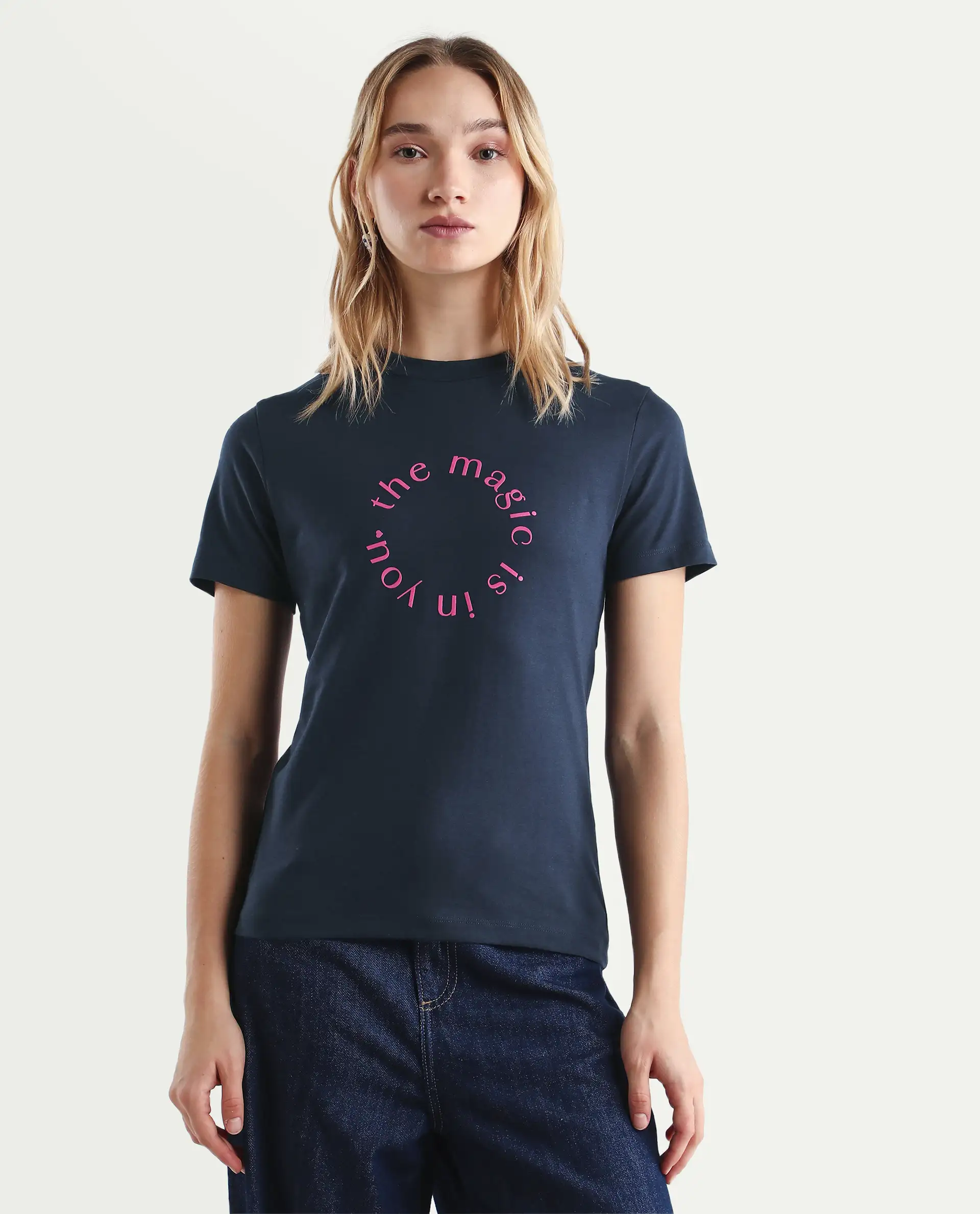 Rareism Women's Karlie Dark Navy Cotton Blend Crew Neck Graphic Print Regular Fit T-Shirt - Image 3