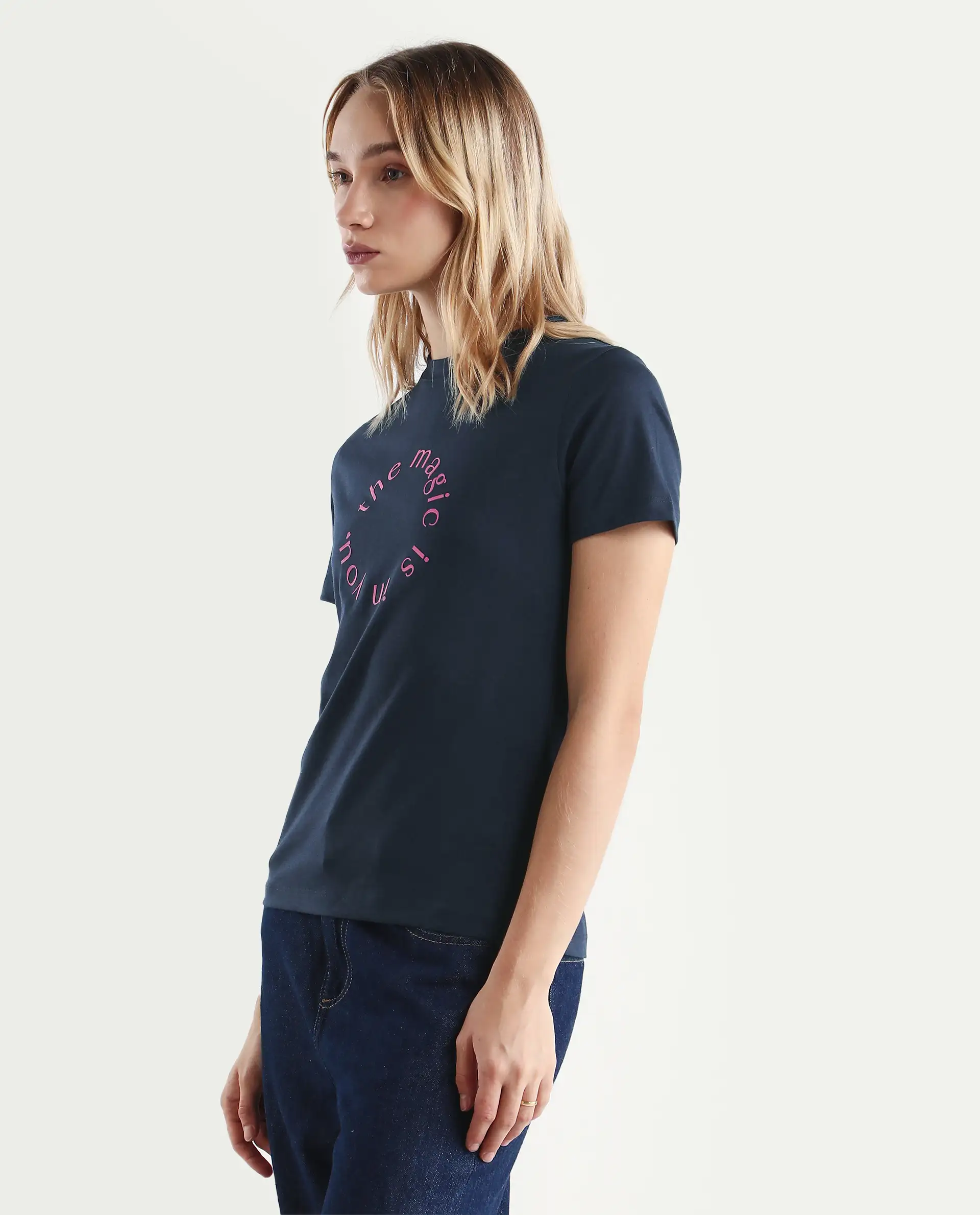 Rareism Women's Karlie Dark Navy Cotton Blend Crew Neck Graphic Print Regular Fit T-Shirt - Image 4