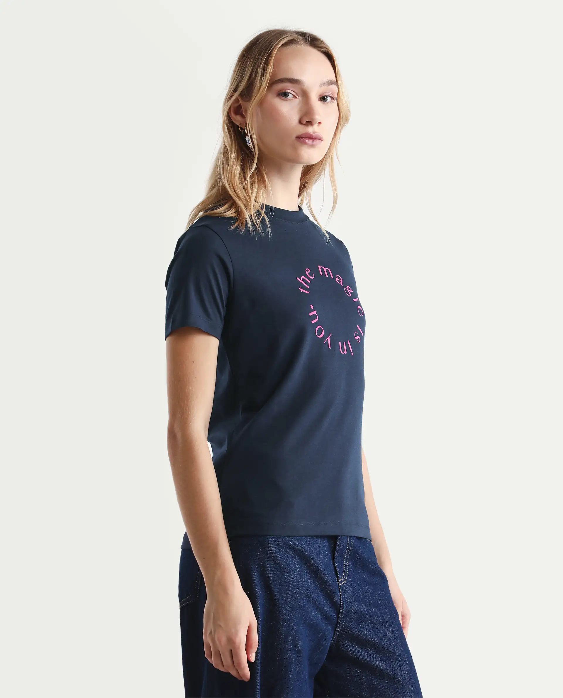 Rareism Women's Karlie Dark Navy Cotton Blend Crew Neck Graphic Print Regular Fit T-Shirt - Image 5