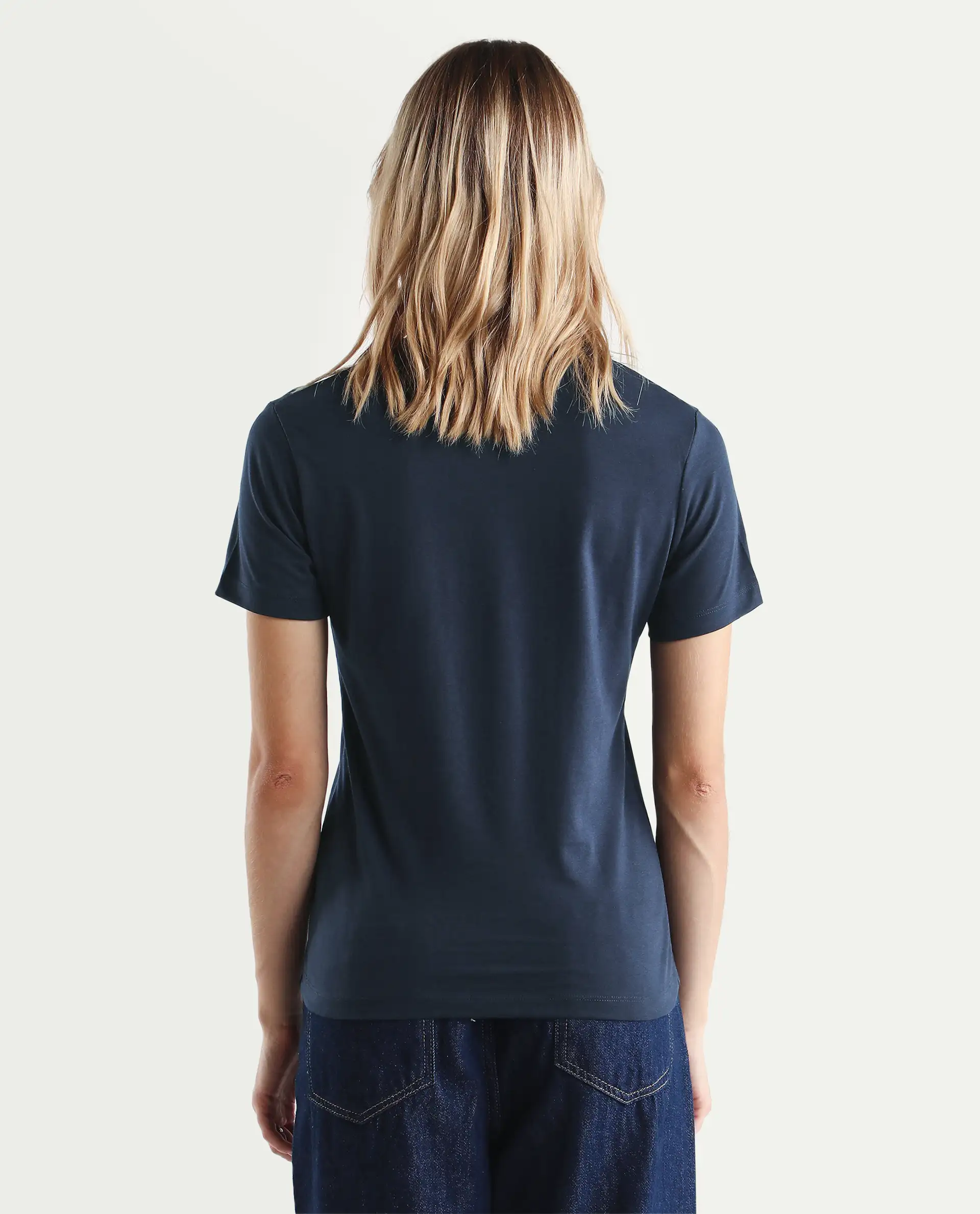 Rareism Women's Karlie Dark Navy Cotton Blend Crew Neck Graphic Print Regular Fit T-Shirt - Image 6