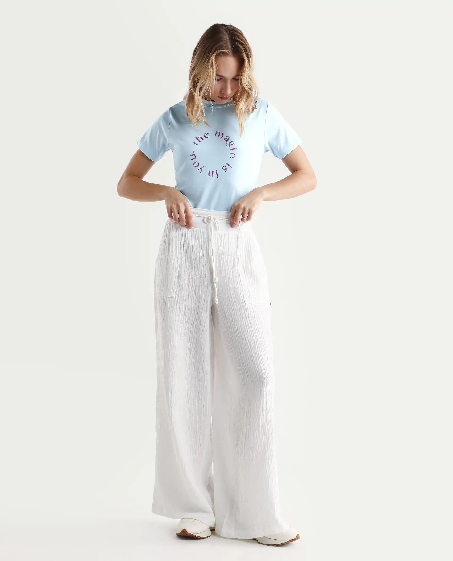 Rareism Women's Karlie Light Blue Cotton Crew Neck Graphic Print Regular Fit T-Shirt - Image 2