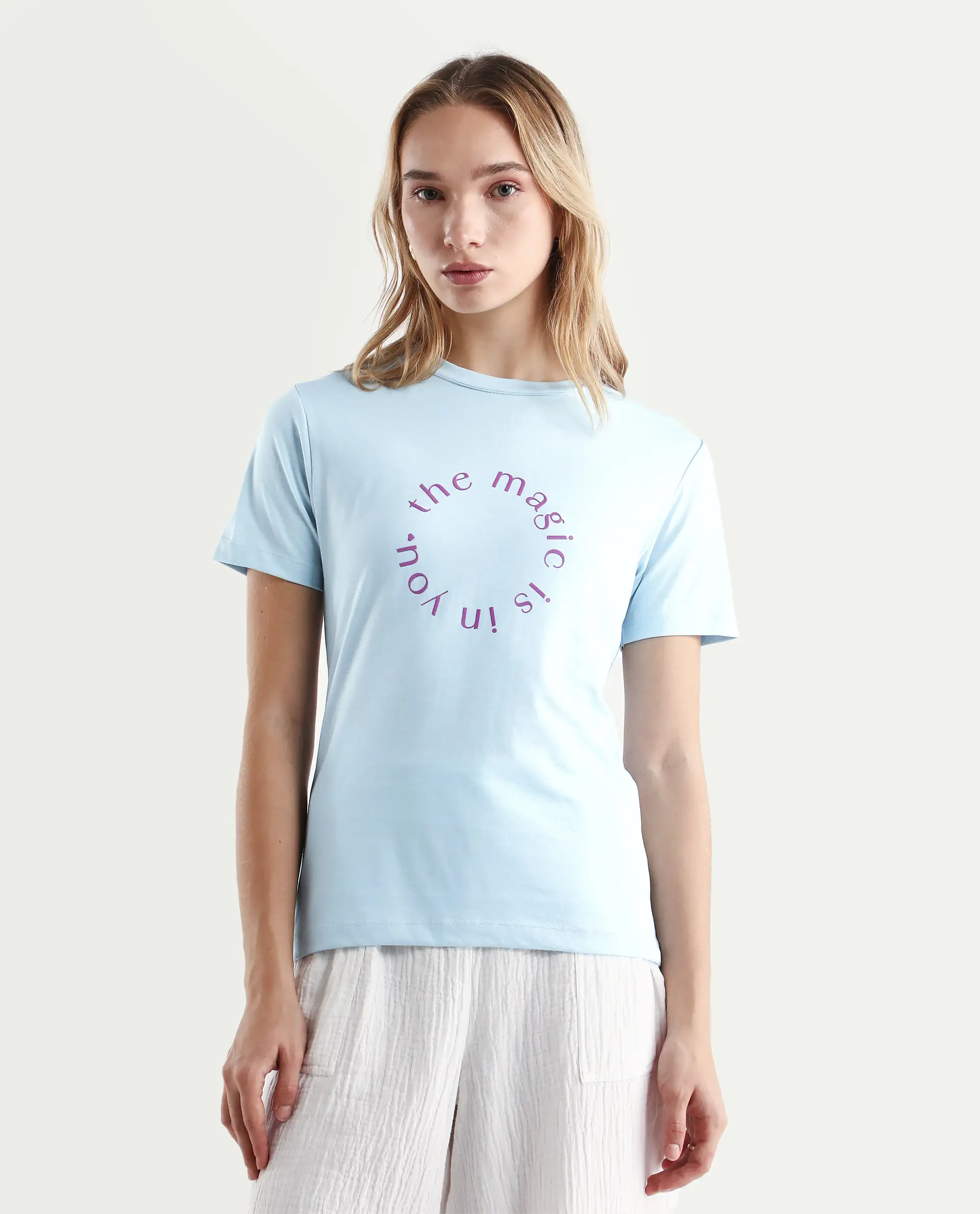 Rareism Women's Karlie Light Blue Cotton Crew Neck Graphic Print Regular Fit T-Shirt - Image 3
