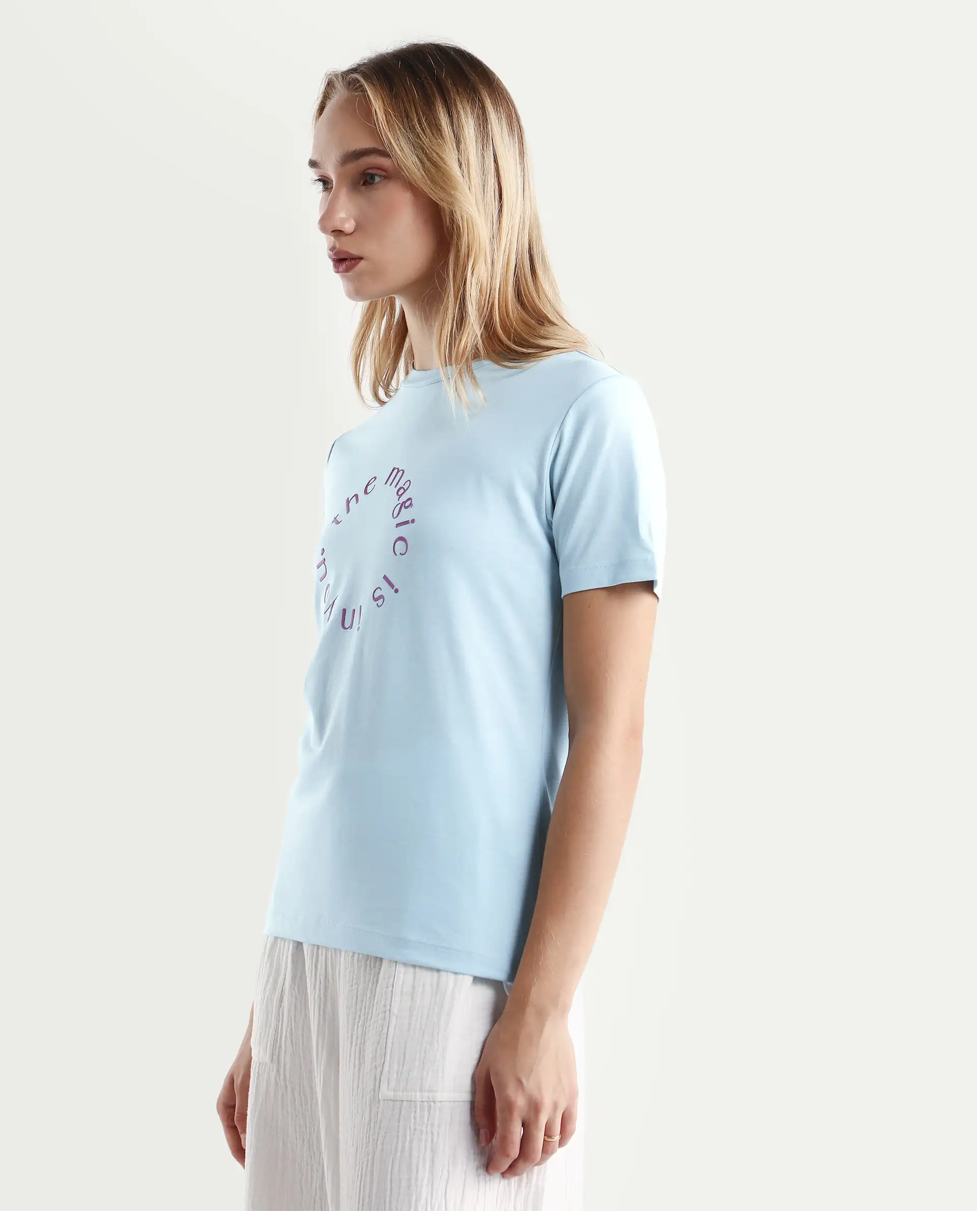 Rareism Women's Karlie Light Blue Cotton Crew Neck Graphic Print Regular Fit T-Shirt - Image 4