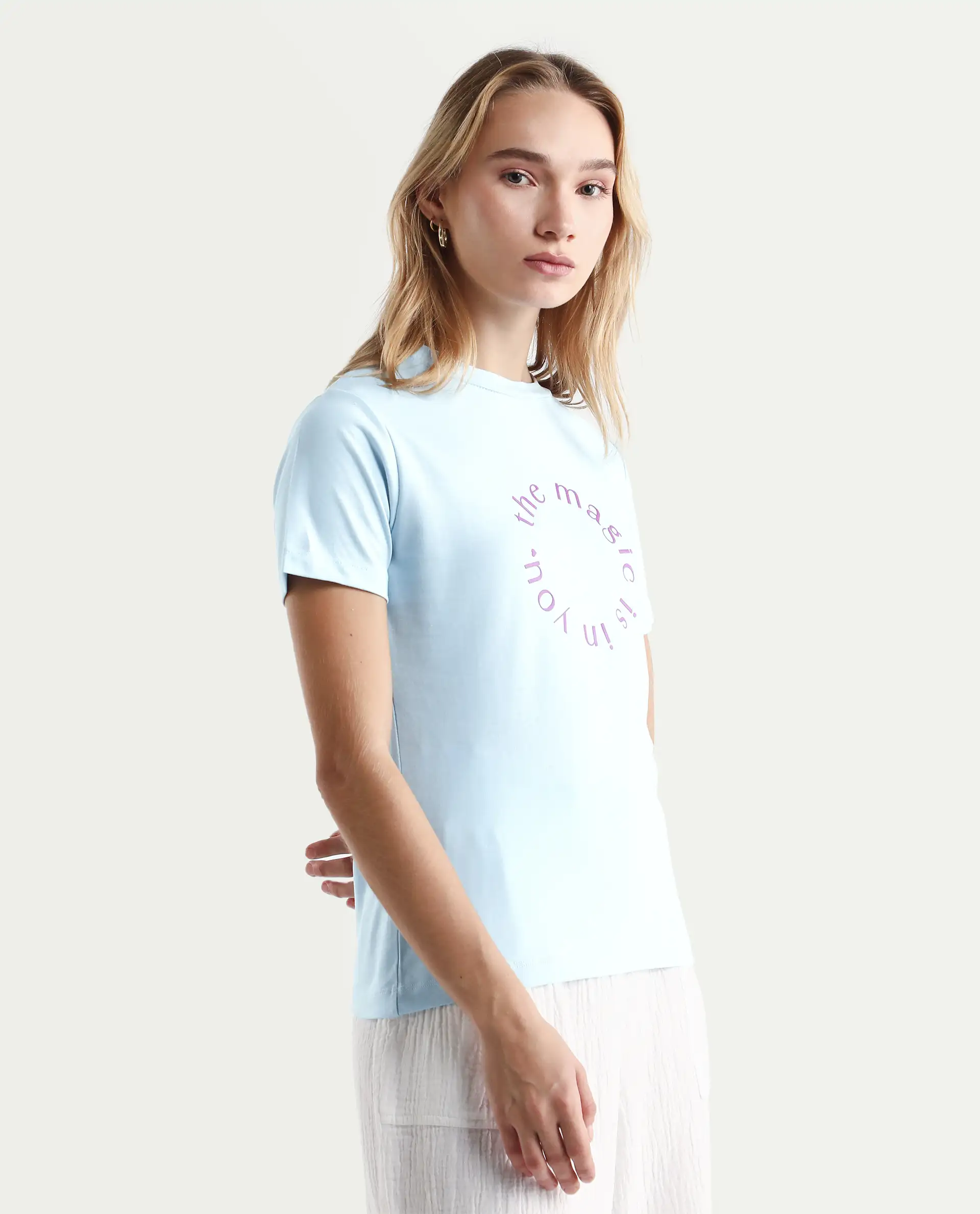 Rareism Women's Karlie Light Blue Cotton Crew Neck Graphic Print Regular Fit T-Shirt - Image 5