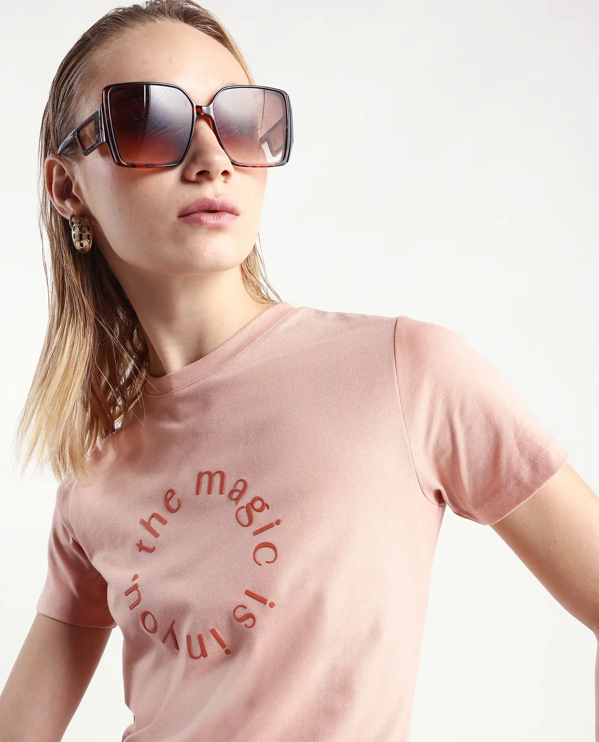 Rareism Women's Karlie Light Peach Cotton Blend Crew Neck Graphic Print Regular Fit T-Shirt
