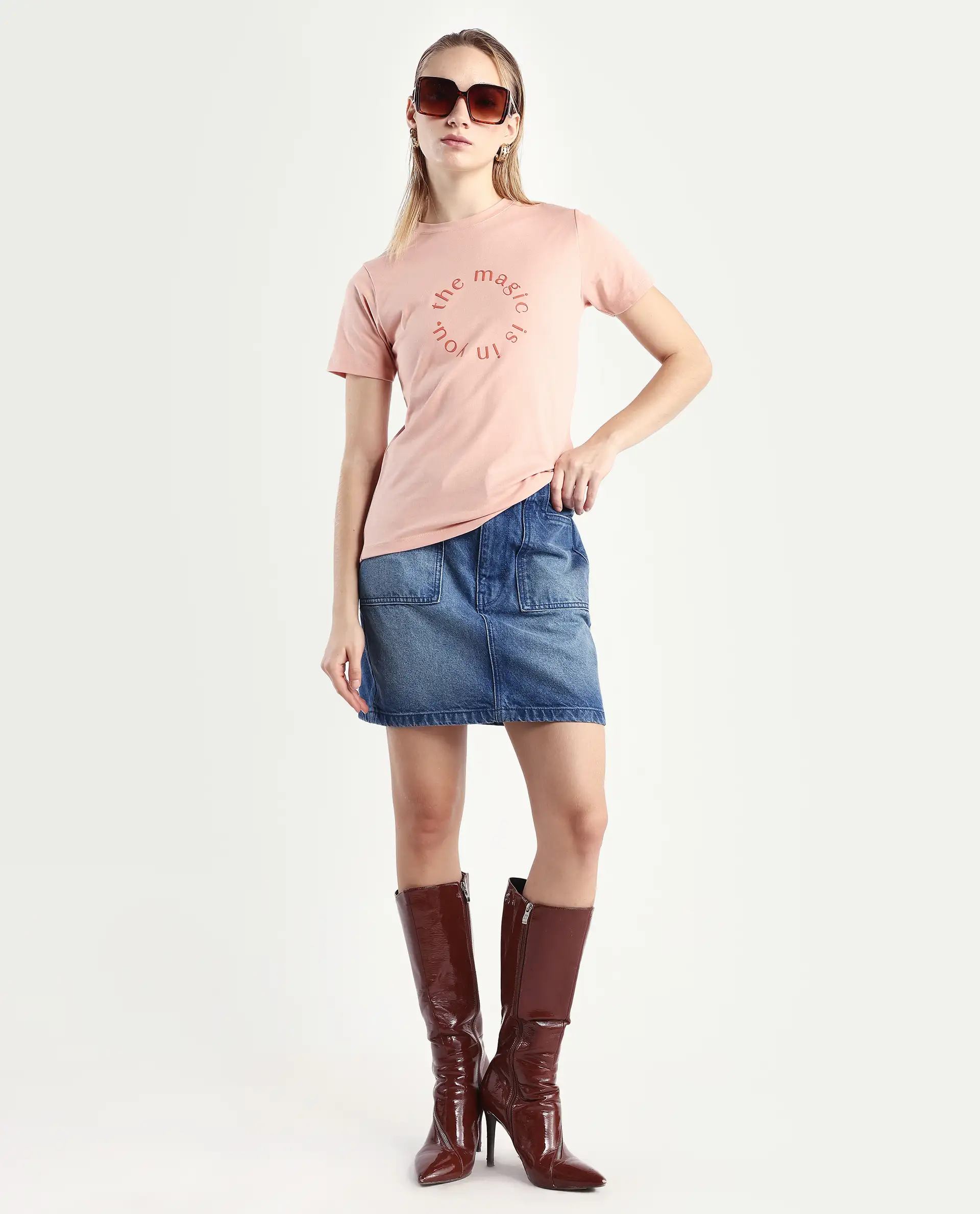 Rareism Women's Karlie Light Peach Cotton Blend Crew Neck Graphic Print Regular Fit T-Shirt - Image 2