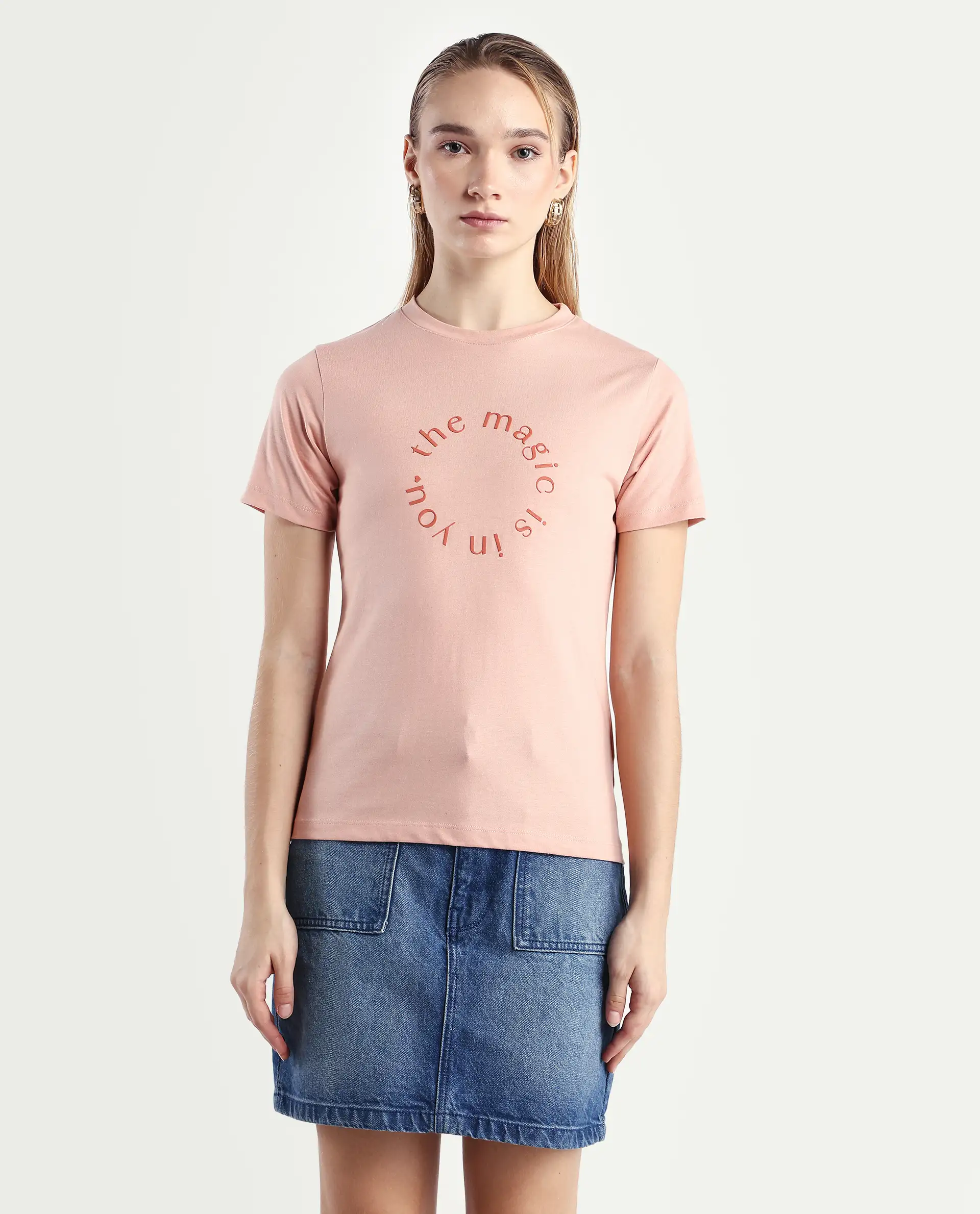 Rareism Women's Karlie Light Peach Cotton Blend Crew Neck Graphic Print Regular Fit T-Shirt - Image 3