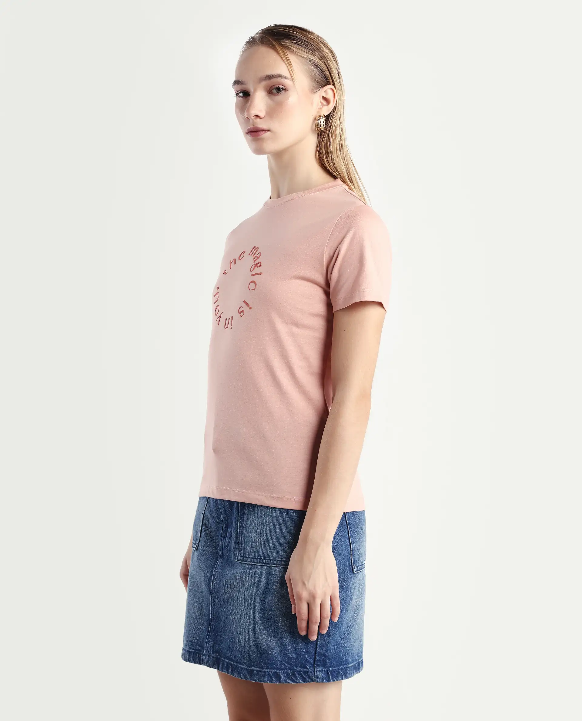 Rareism Women's Karlie Light Peach Cotton Blend Crew Neck Graphic Print Regular Fit T-Shirt - Image 5