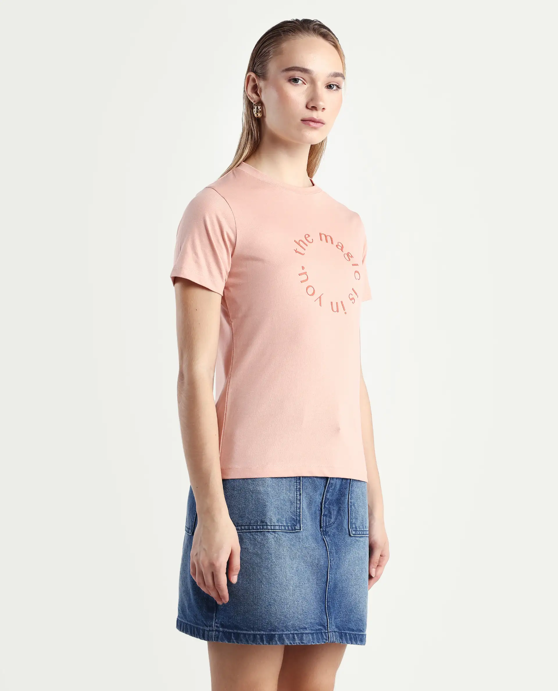 Rareism Women's Karlie Light Peach Cotton Blend Crew Neck Graphic Print Regular Fit T-Shirt - Image 6