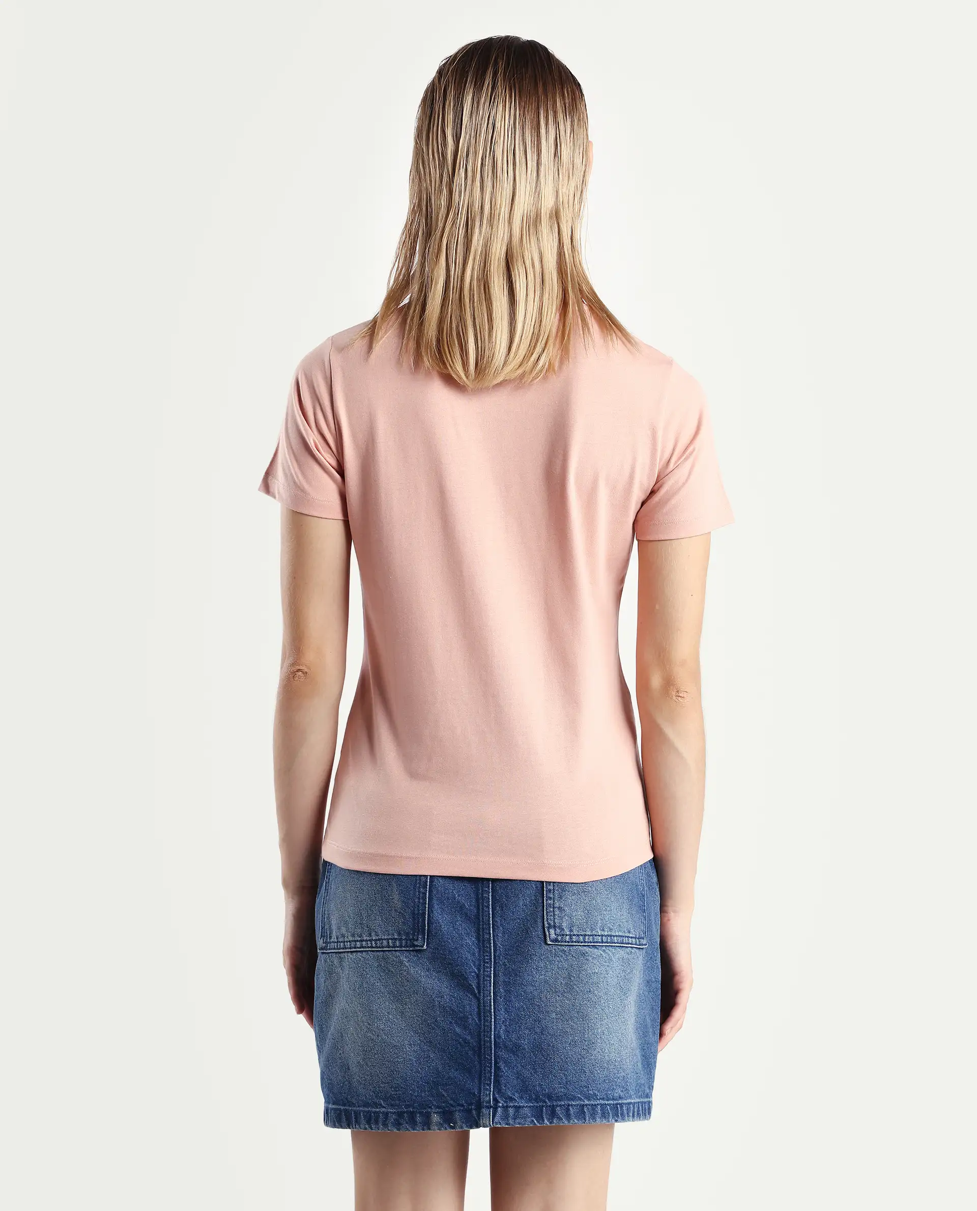 Rareism Women's Karlie Light Peach Cotton Blend Crew Neck Graphic Print Regular Fit T-Shirt - Image 7