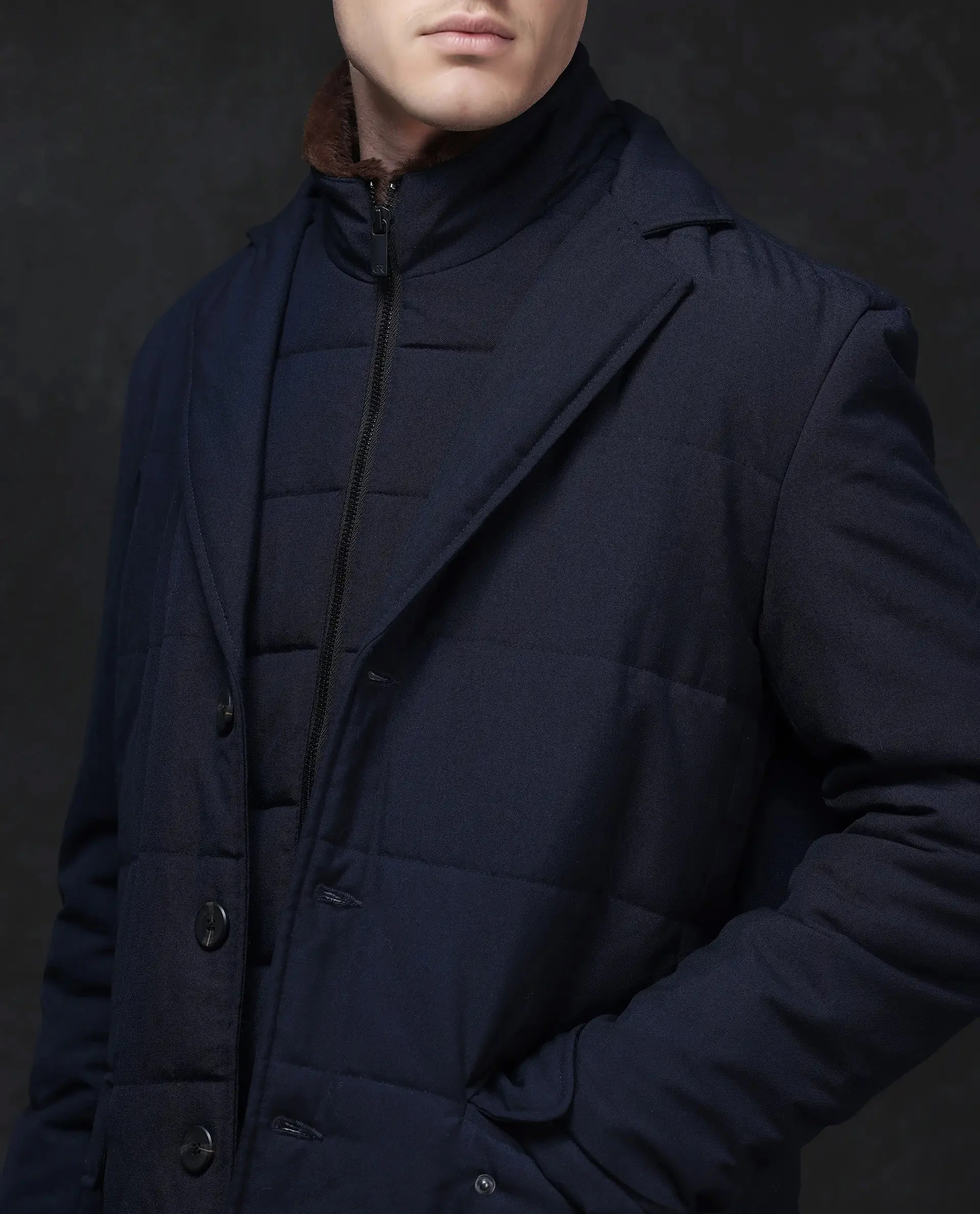 Rare Rabbit Men's Karlo Navy Polyester Plain Regular Fit Full Sleeve High Neck Jacket - Image 3