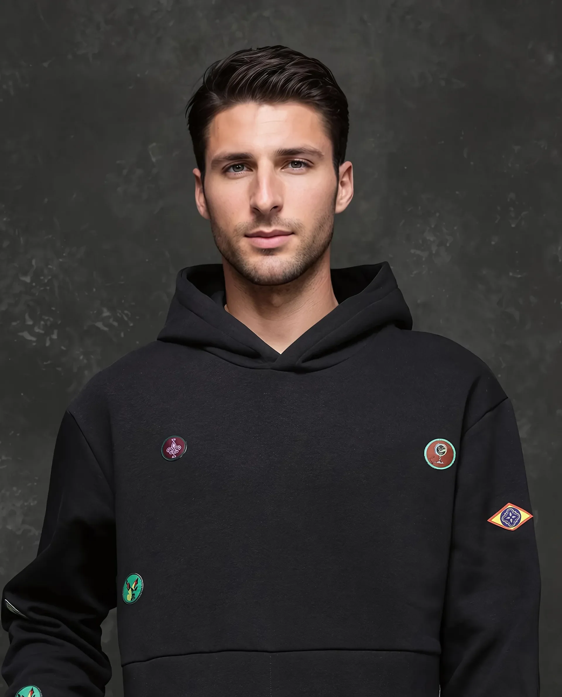 Rare Rabbit Men's Karon Black Cotton Label Print Regular Fit Full Sleeve Hooded Sweatshirt - Image 2